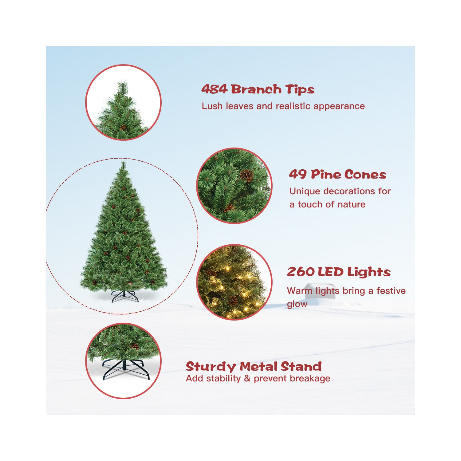 Costway 6Ft Pre-Lit PVC Artificial Carolina Pine Tree Flocked Cones Hinged w/ LED Lights