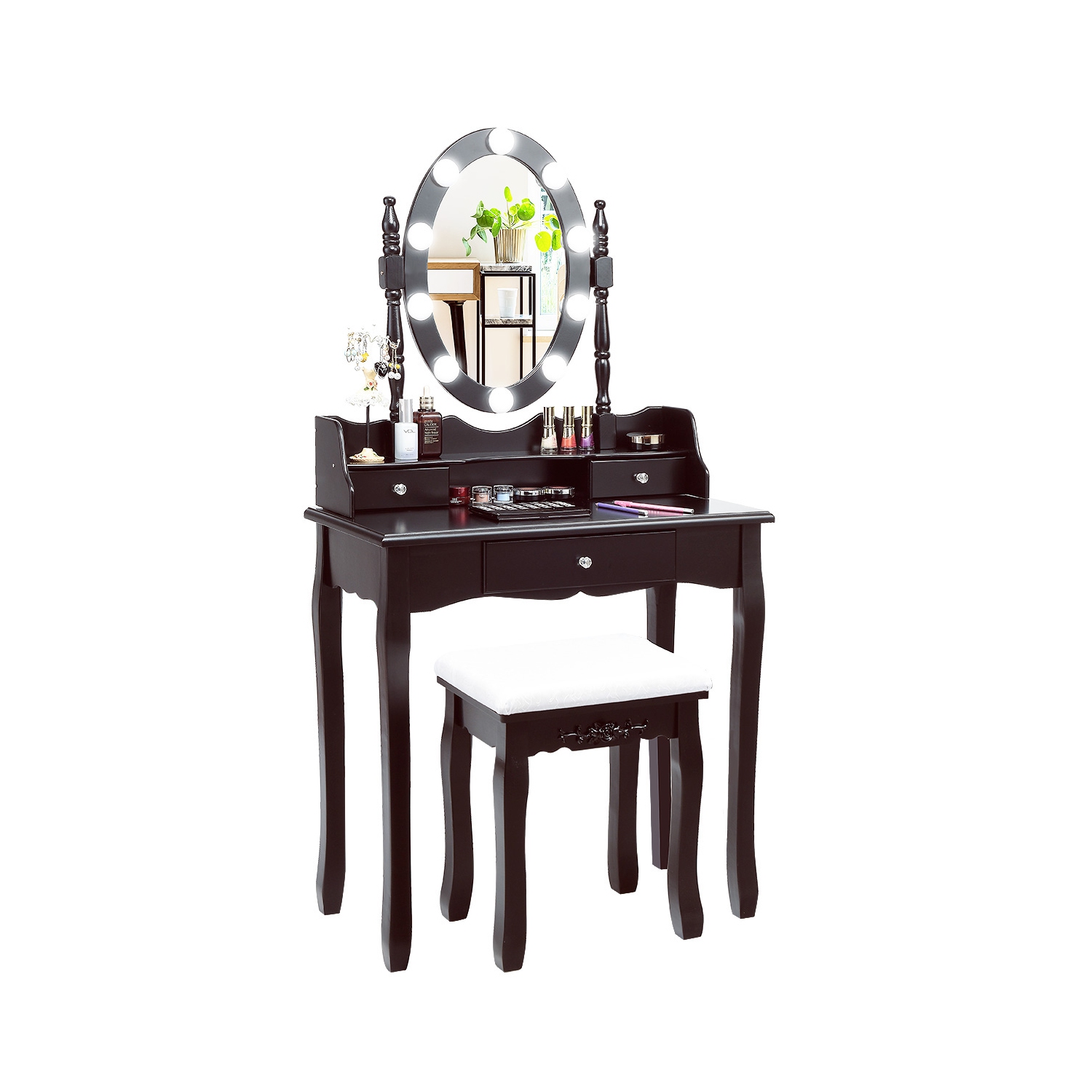 Costway Makeup Vanity Dressing Table Set w/10 Dimmable Bulbs and Touch Switch