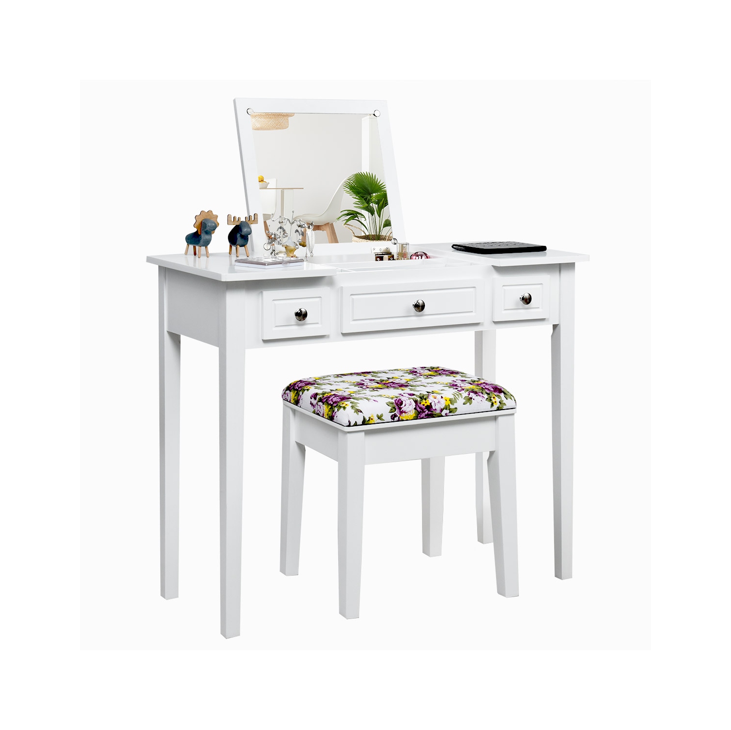 Costway Vanity Dressing Table Set w/Flip Top Mirror 3 Drawers 7 Compartments Makeup Desk