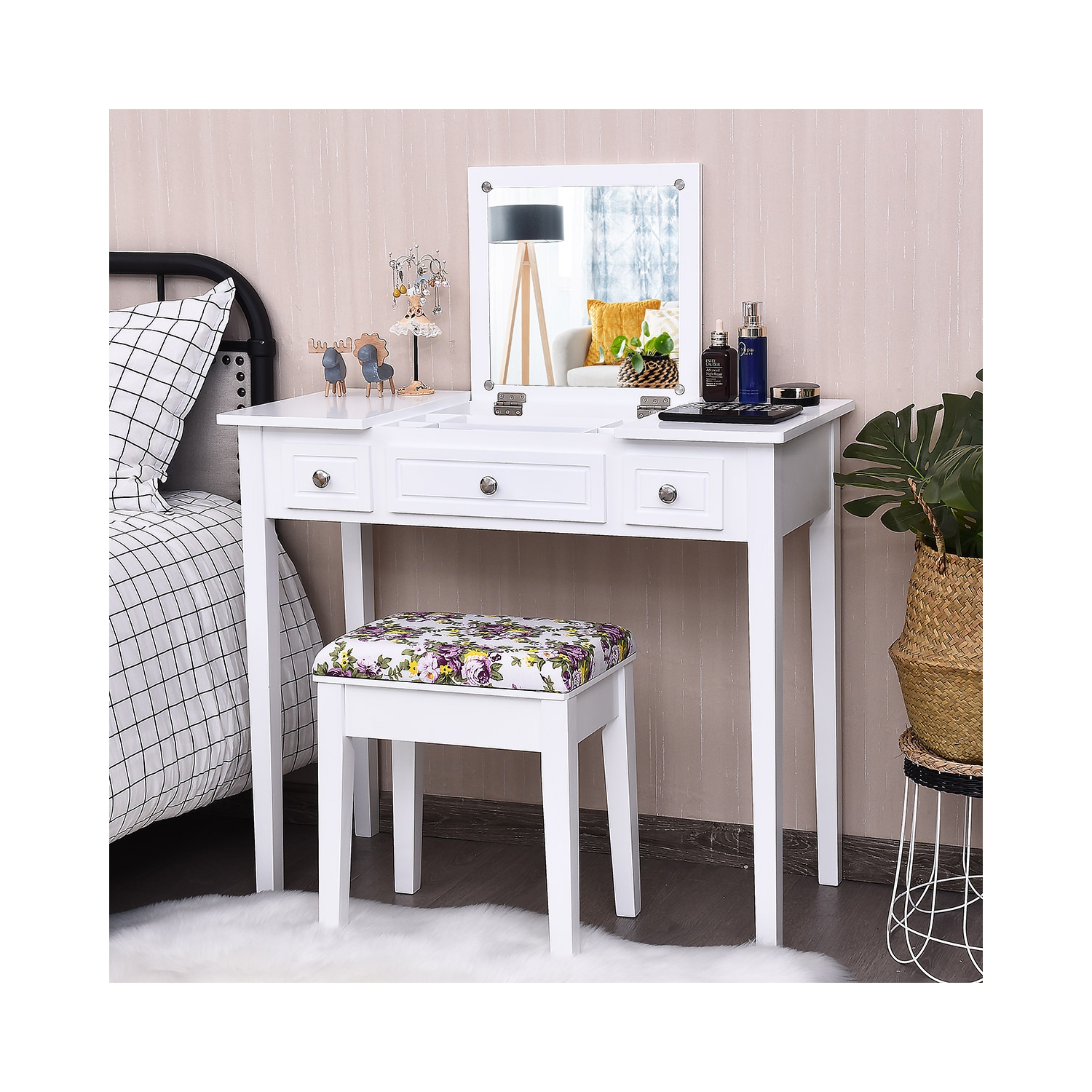 Costway Vanity Dressing Table Set w/Flip Top Mirror 3 Drawers 7 Compartments Makeup Desk