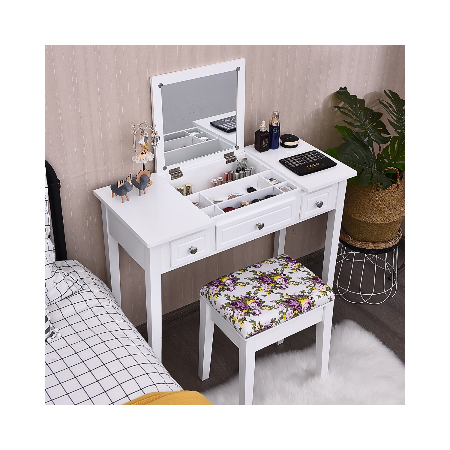Costway Vanity Dressing Table Set w/Flip Top Mirror 3 Drawers 7 Compartments Makeup Desk