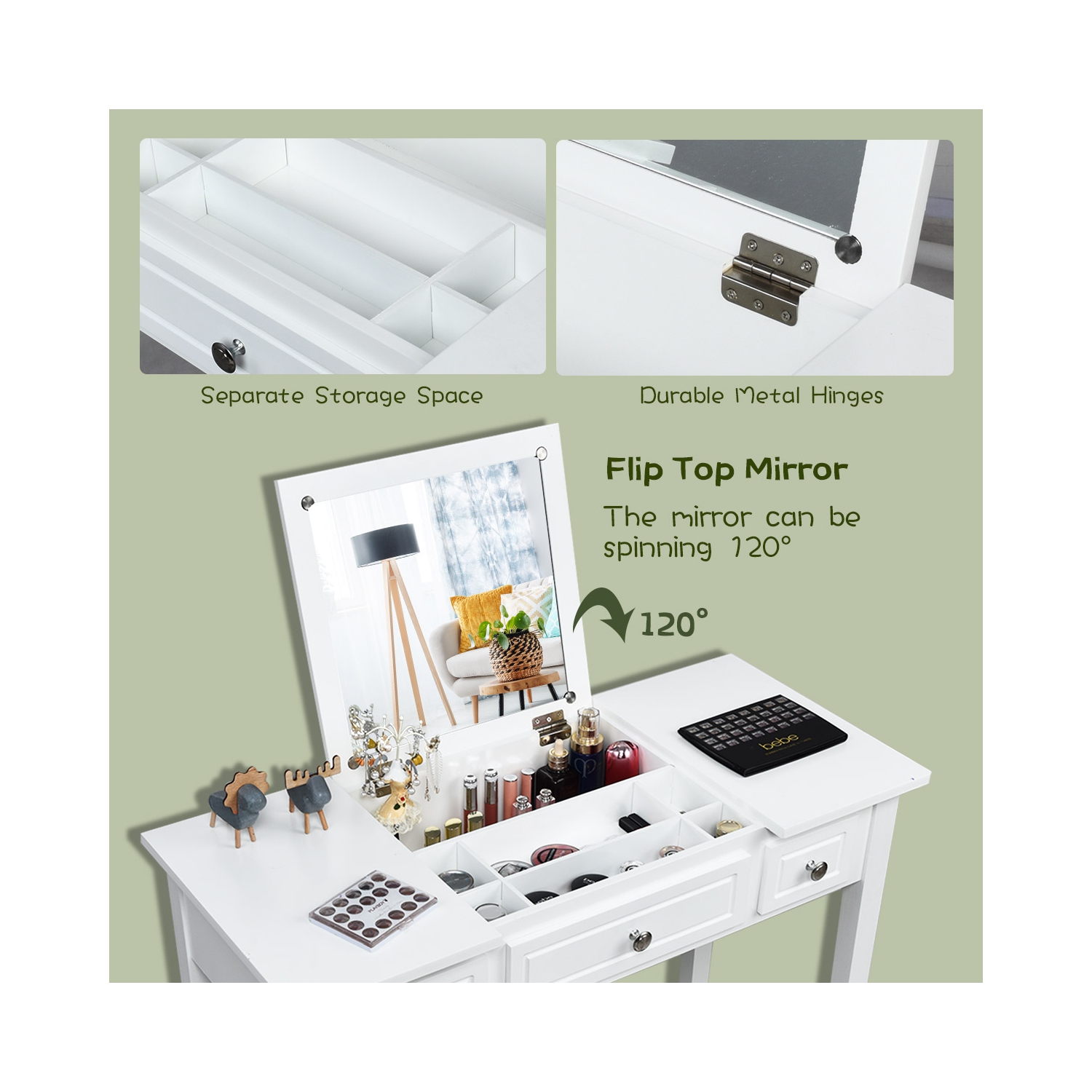 Costway Vanity Dressing Table Set w/Flip Top Mirror 3 Drawers 7 Compartments Makeup Desk