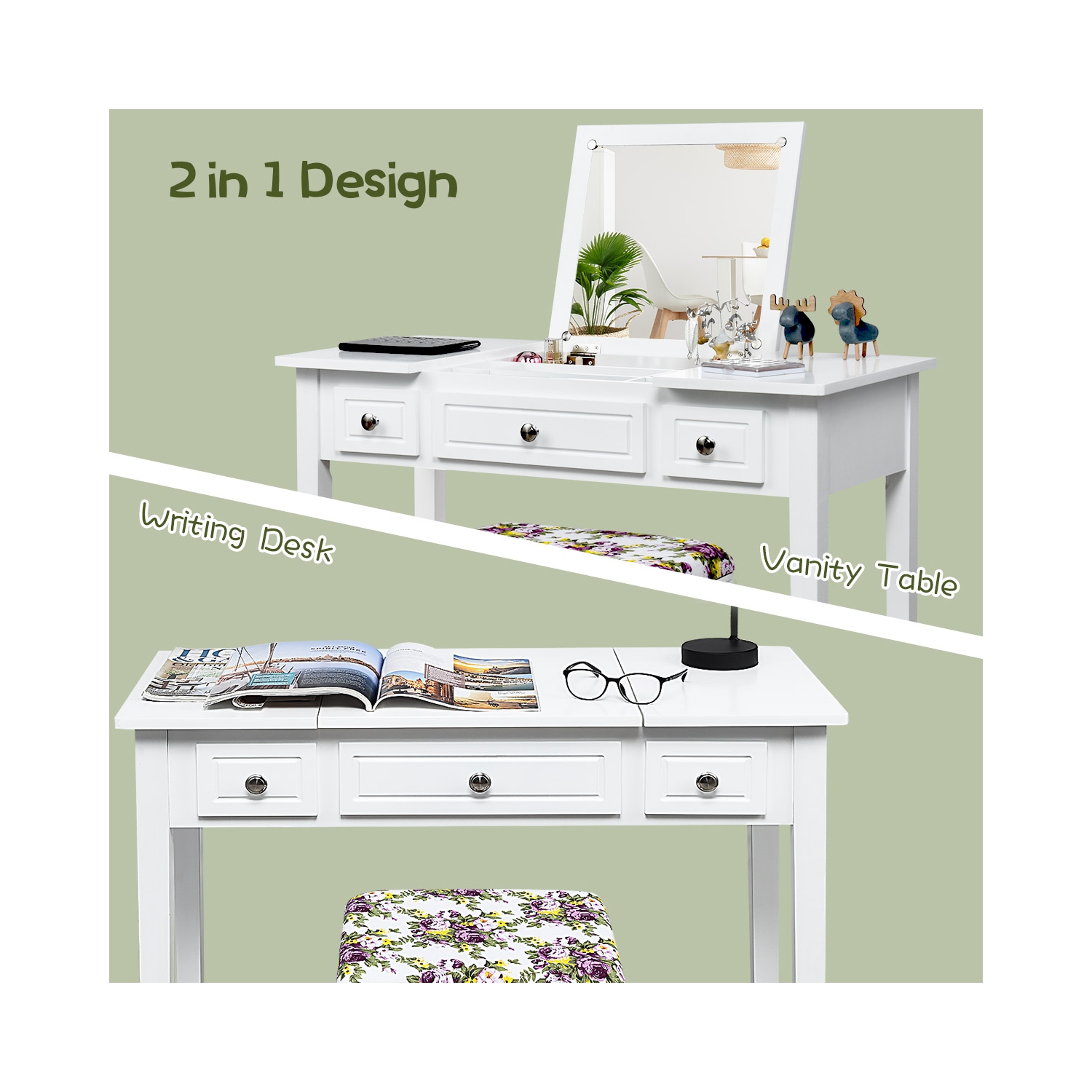 Costway Vanity Dressing Table Set w/Flip Top Mirror 3 Drawers 7 Compartments Makeup Desk