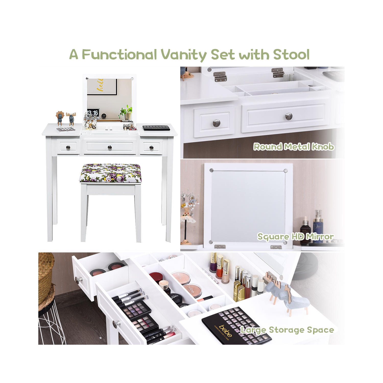 Costway Vanity Dressing Table Set w/Flip Top Mirror 3 Drawers 7 Compartments Makeup Desk