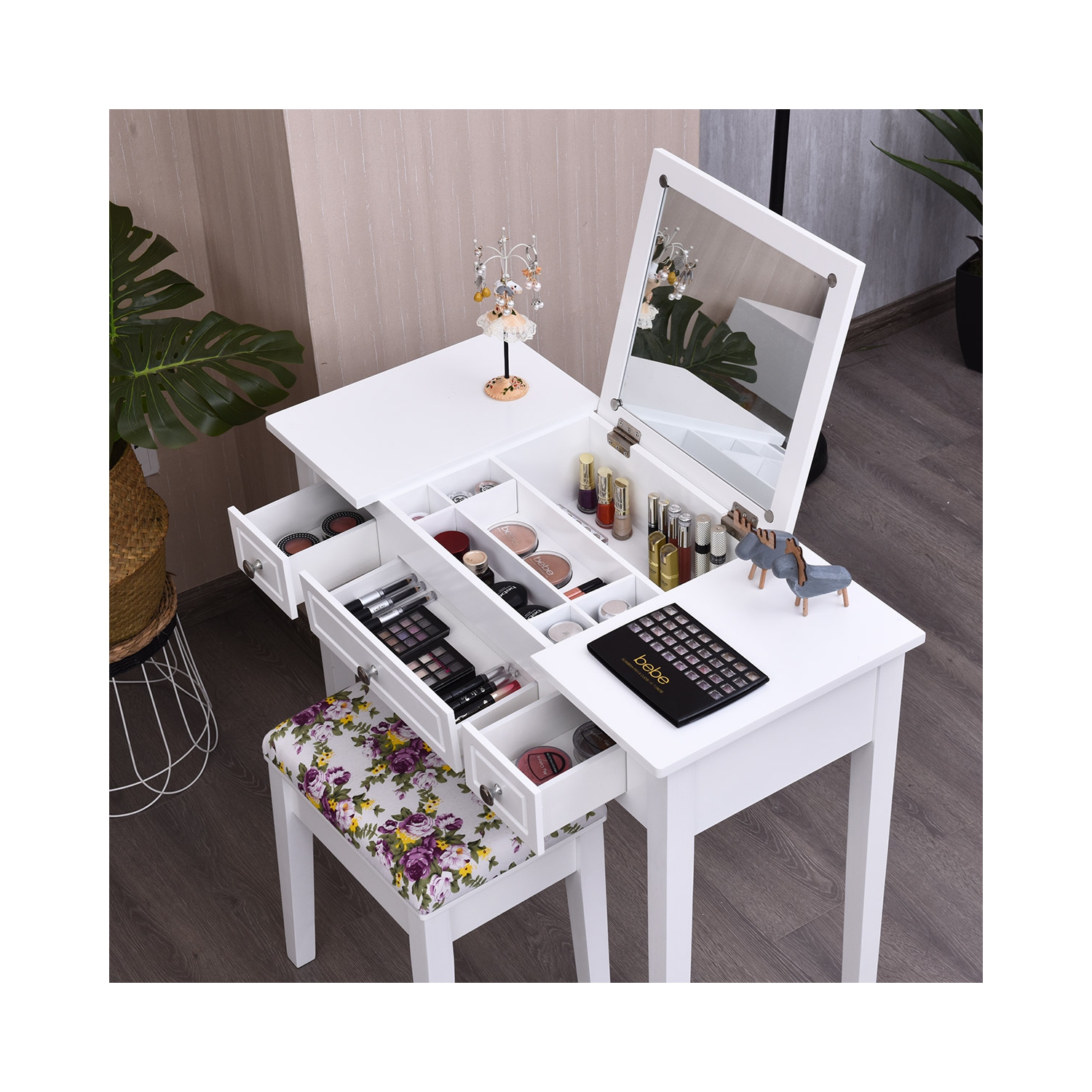 Costway Vanity Dressing Table Set w/Flip Top Mirror 3 Drawers 7 Compartments Makeup Desk