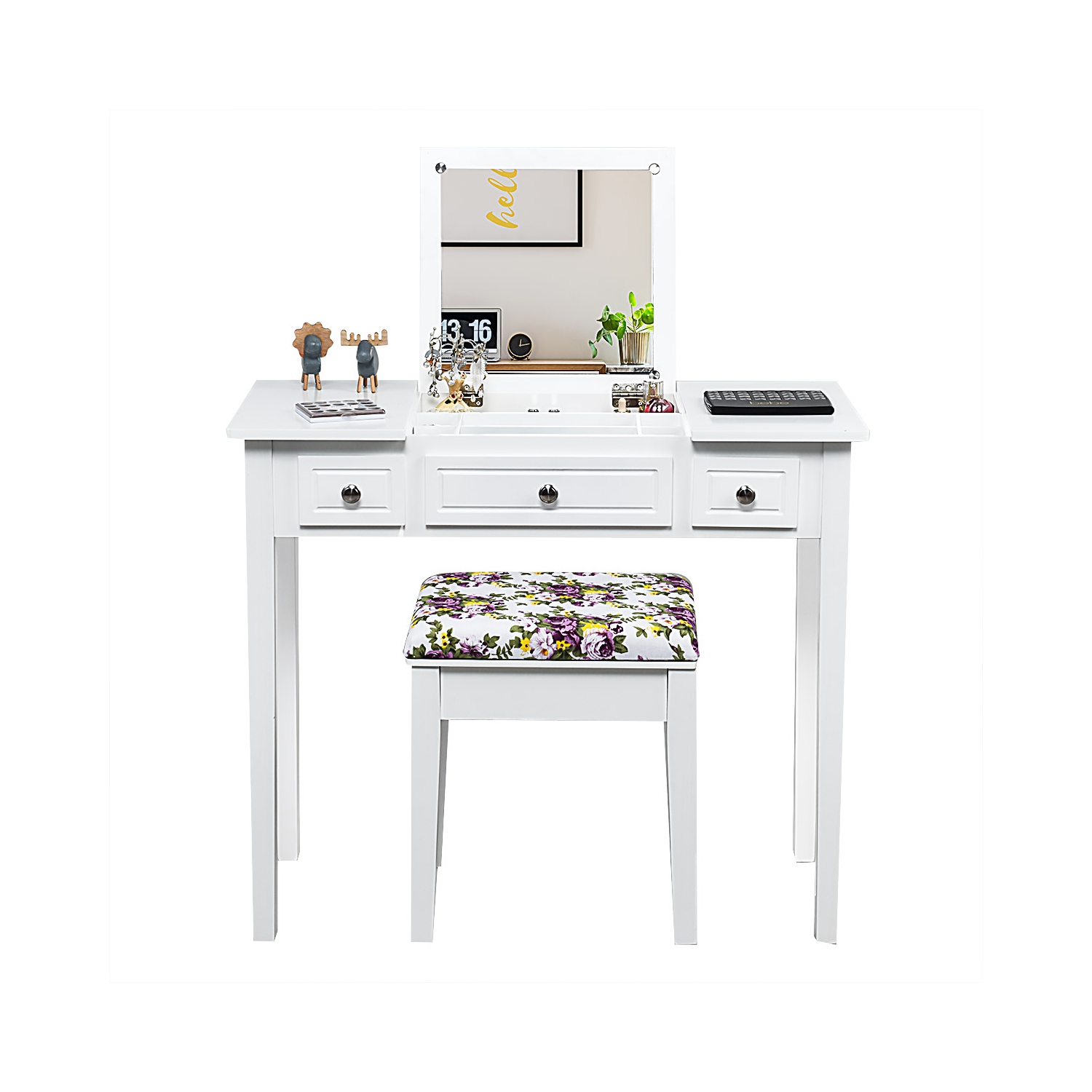 Costway Vanity Dressing Table Set w/Flip Top Mirror 3 Drawers 7 Compartments Makeup Desk