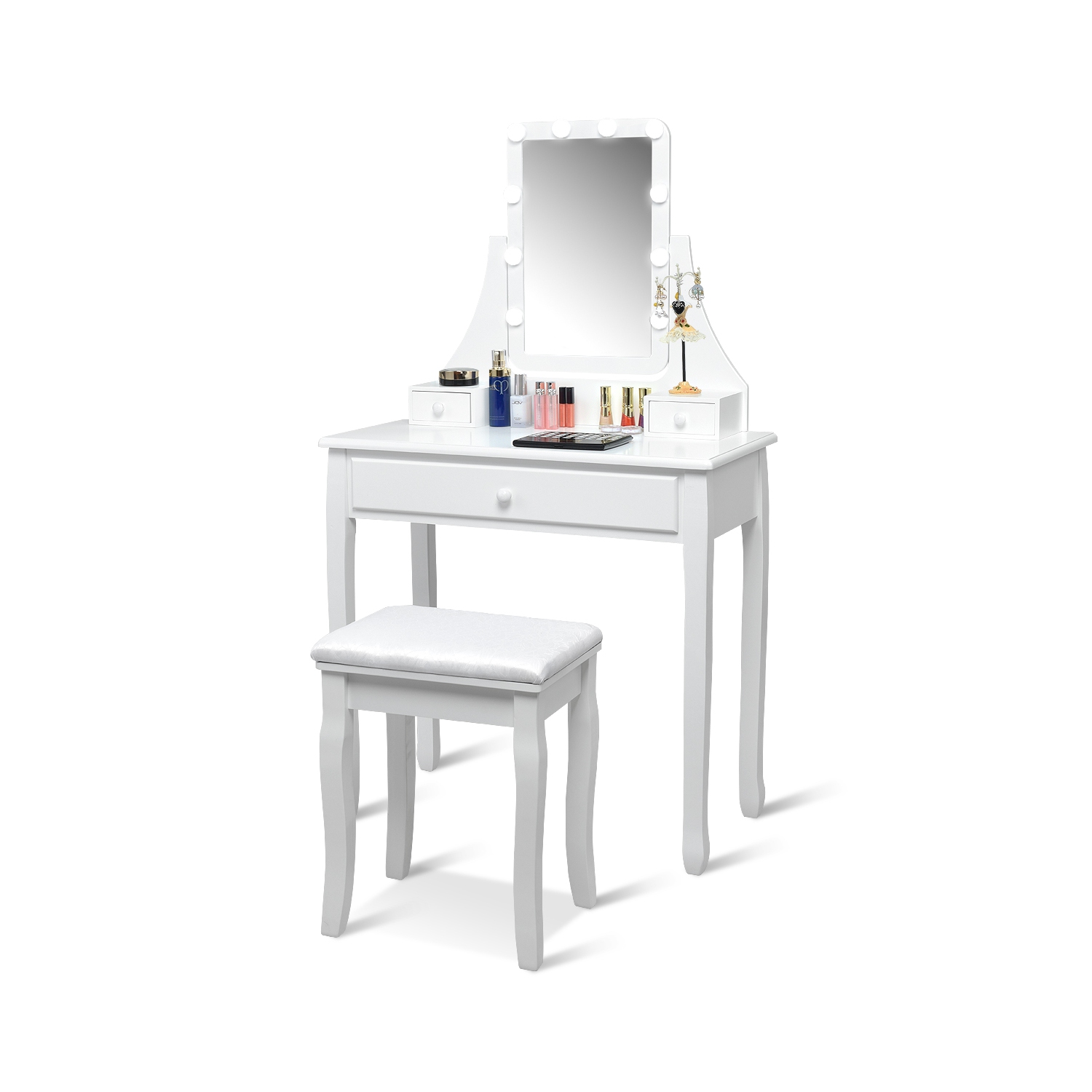 Costway 3 Drawers Vanity Table 10 Dimmable Bulbs Touch Switch Makeup Dressing Desk