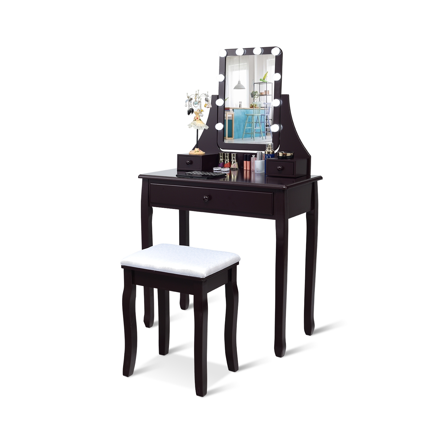 Costway 3 Drawers Vanity Table 10 Dimmable Bulbs Touch Switch Makeup Dressing Desk