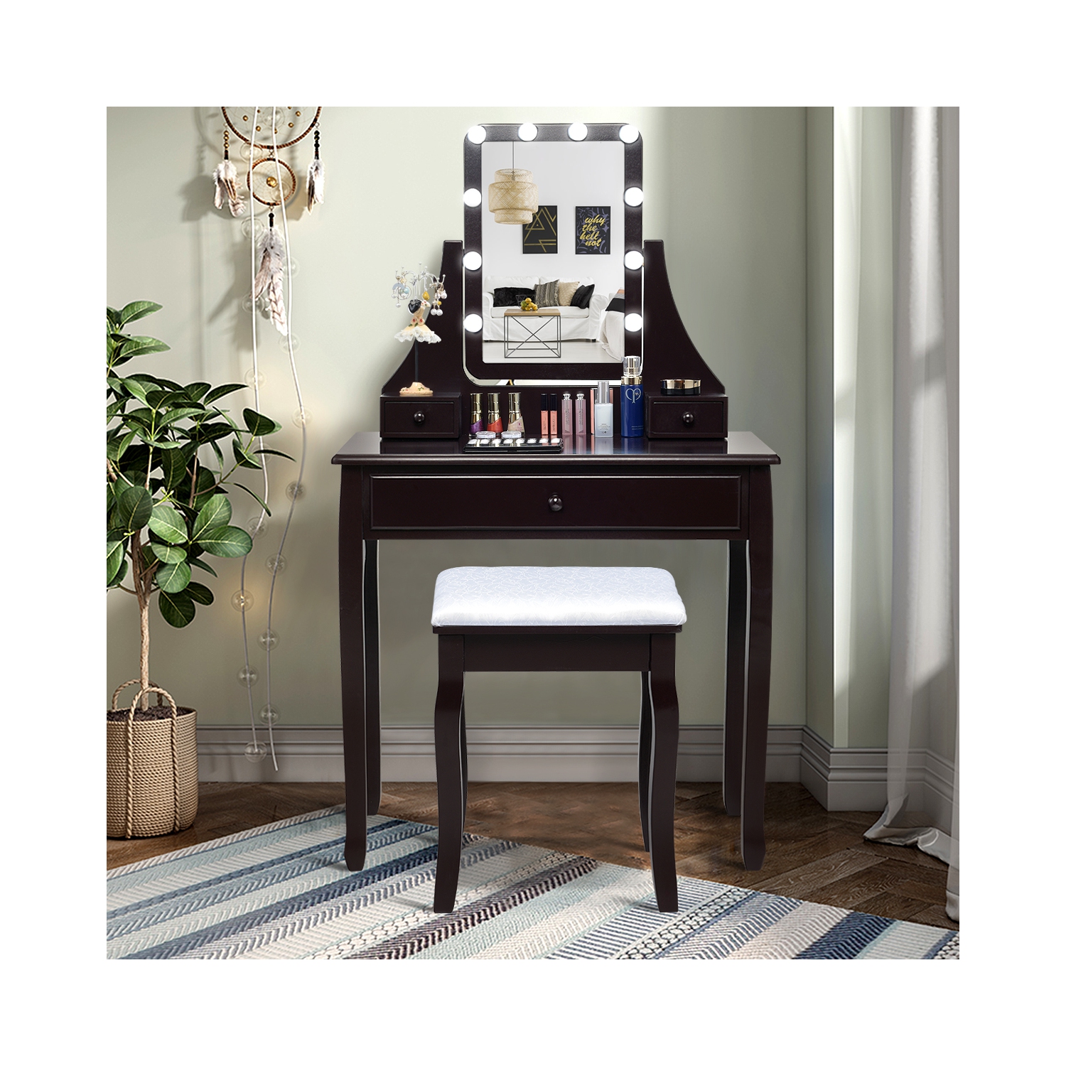 Costway 3 Drawers Vanity Table 10 Dimmable Bulbs Touch Switch Makeup Dressing Desk