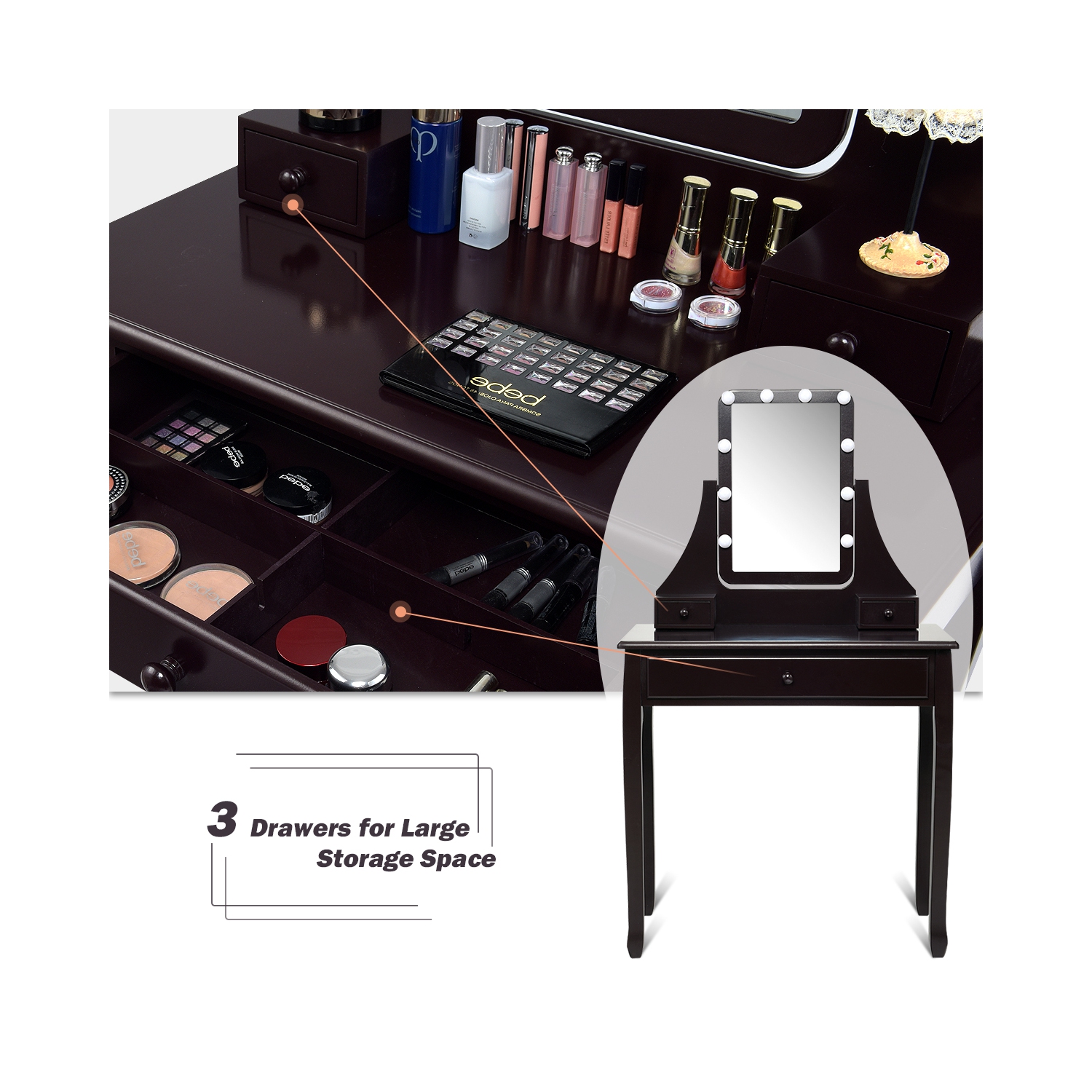 Costway 3 Drawers Vanity Table 10 Dimmable Bulbs Touch Switch Makeup Dressing Desk