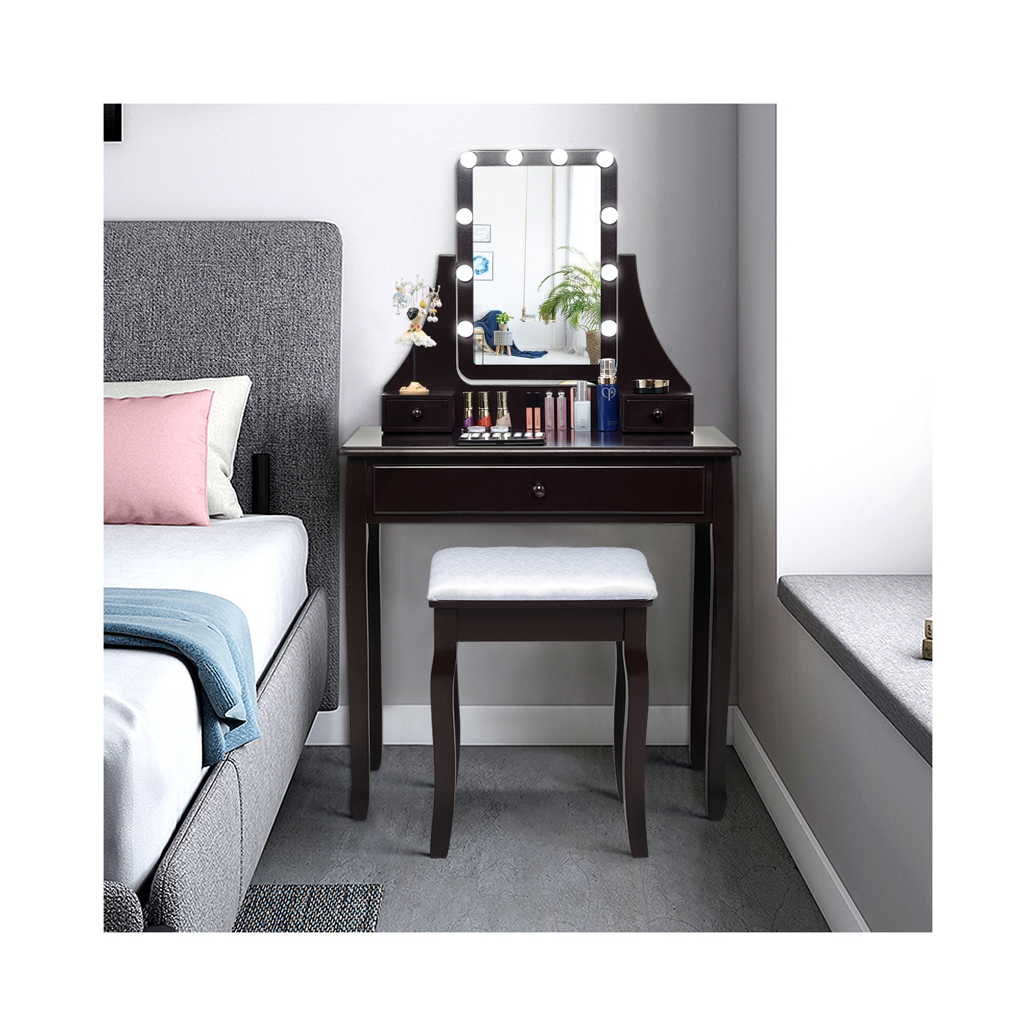 Costway 3 Drawers Vanity Table 10 Dimmable Bulbs Touch Switch Makeup Dressing Desk