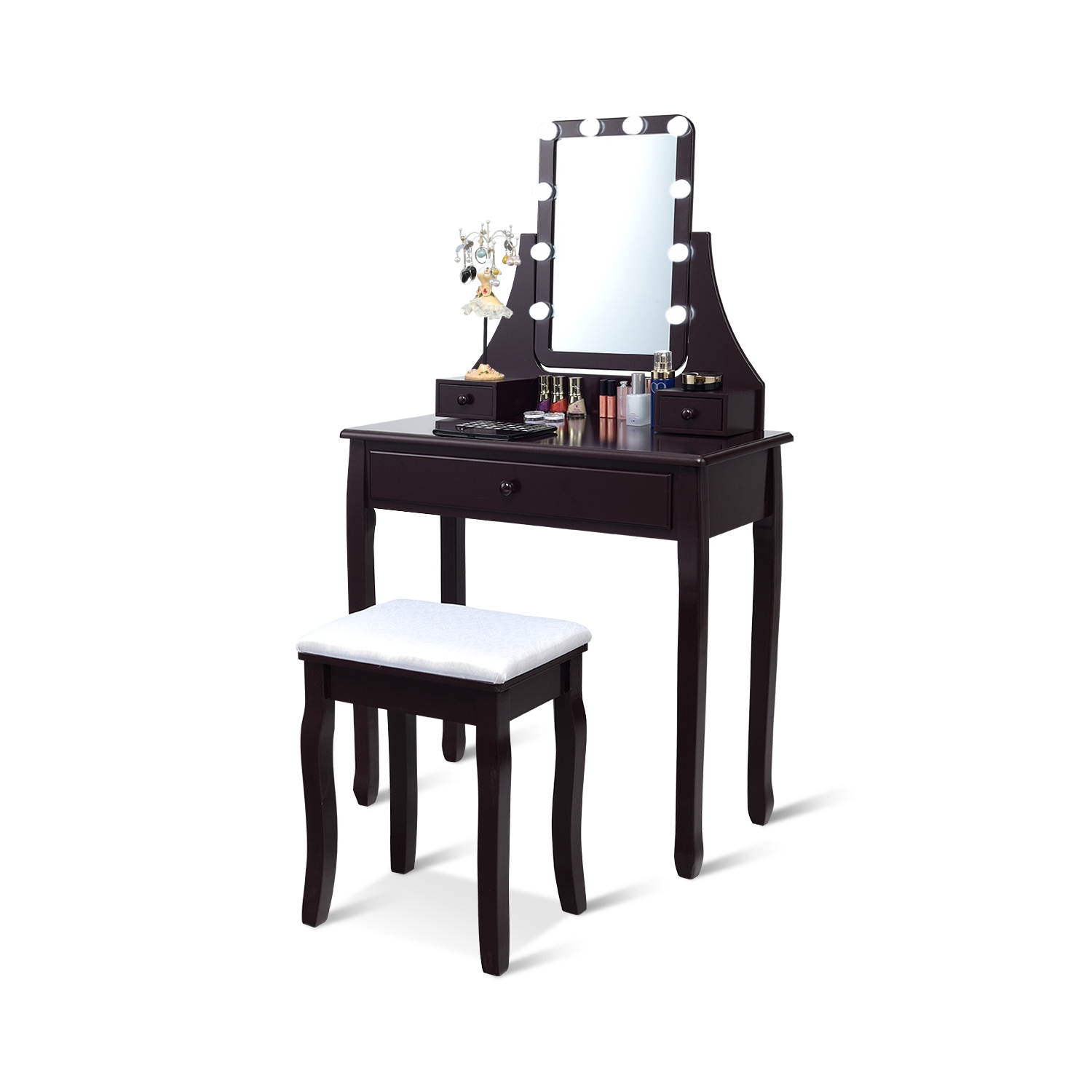 Costway 3 Drawers Vanity Table 10 Dimmable Bulbs Touch Switch Makeup Dressing Desk