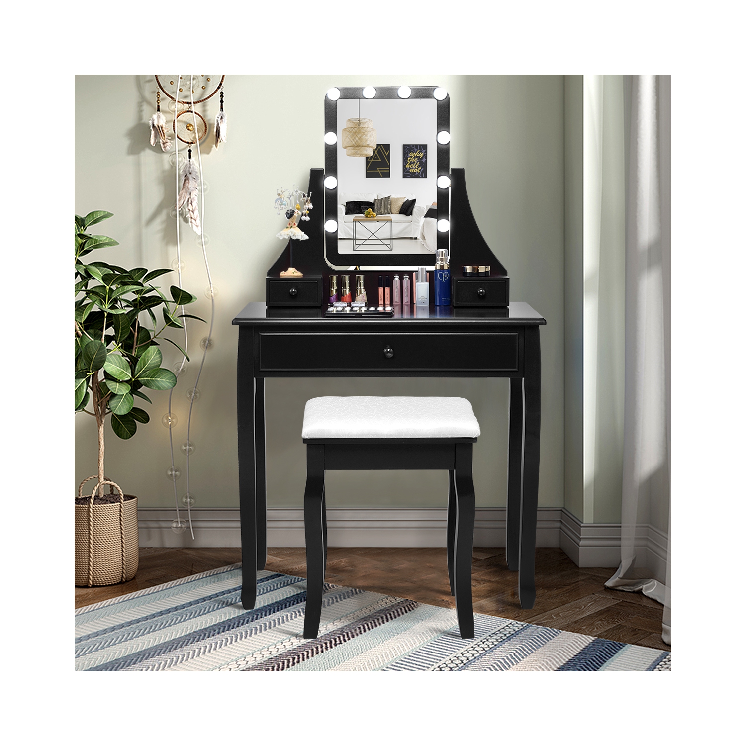 Costway 3 Drawers Vanity Table 10 Dimmable Bulbs Touch Switch Makeup Dressing Desk