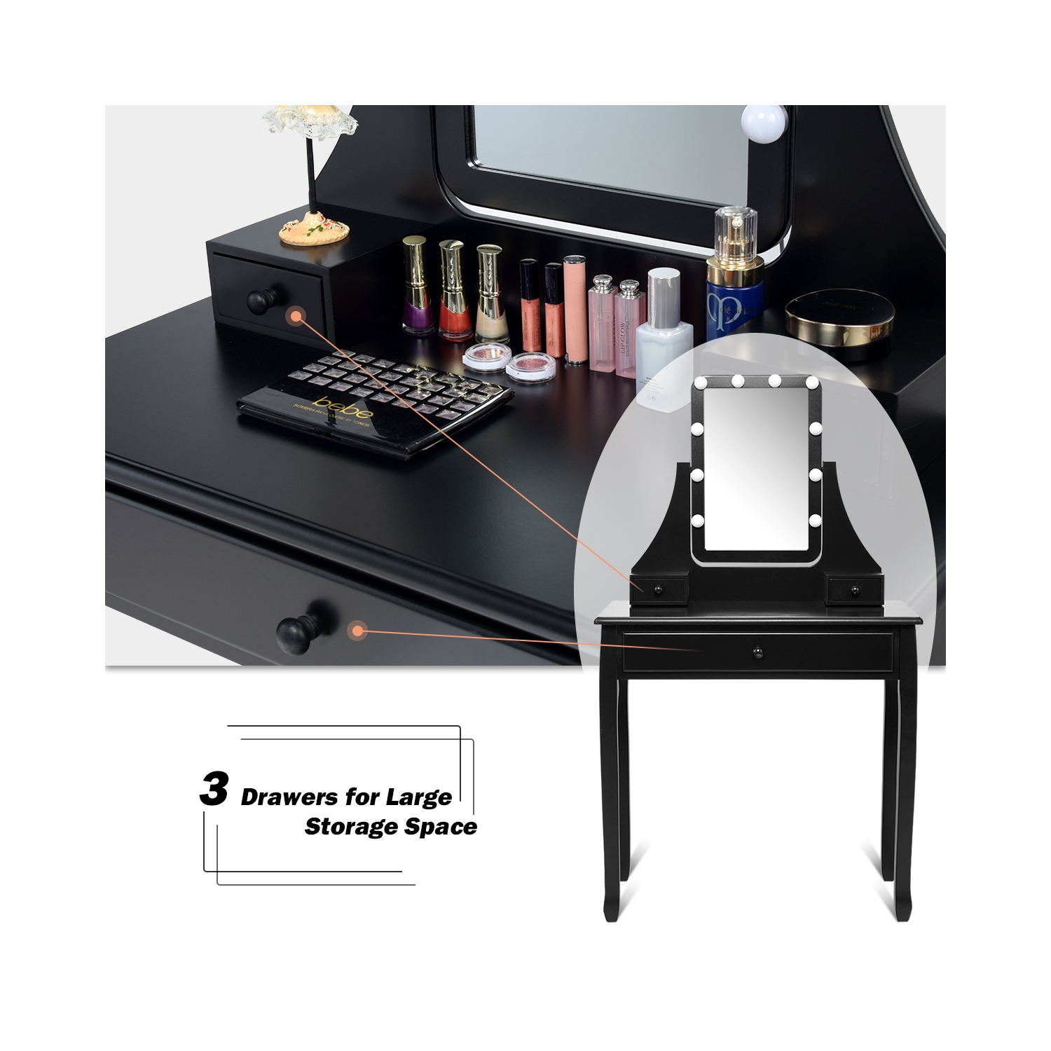 Costway 3 Drawers Vanity Table 10 Dimmable Bulbs Touch Switch Makeup Dressing Desk