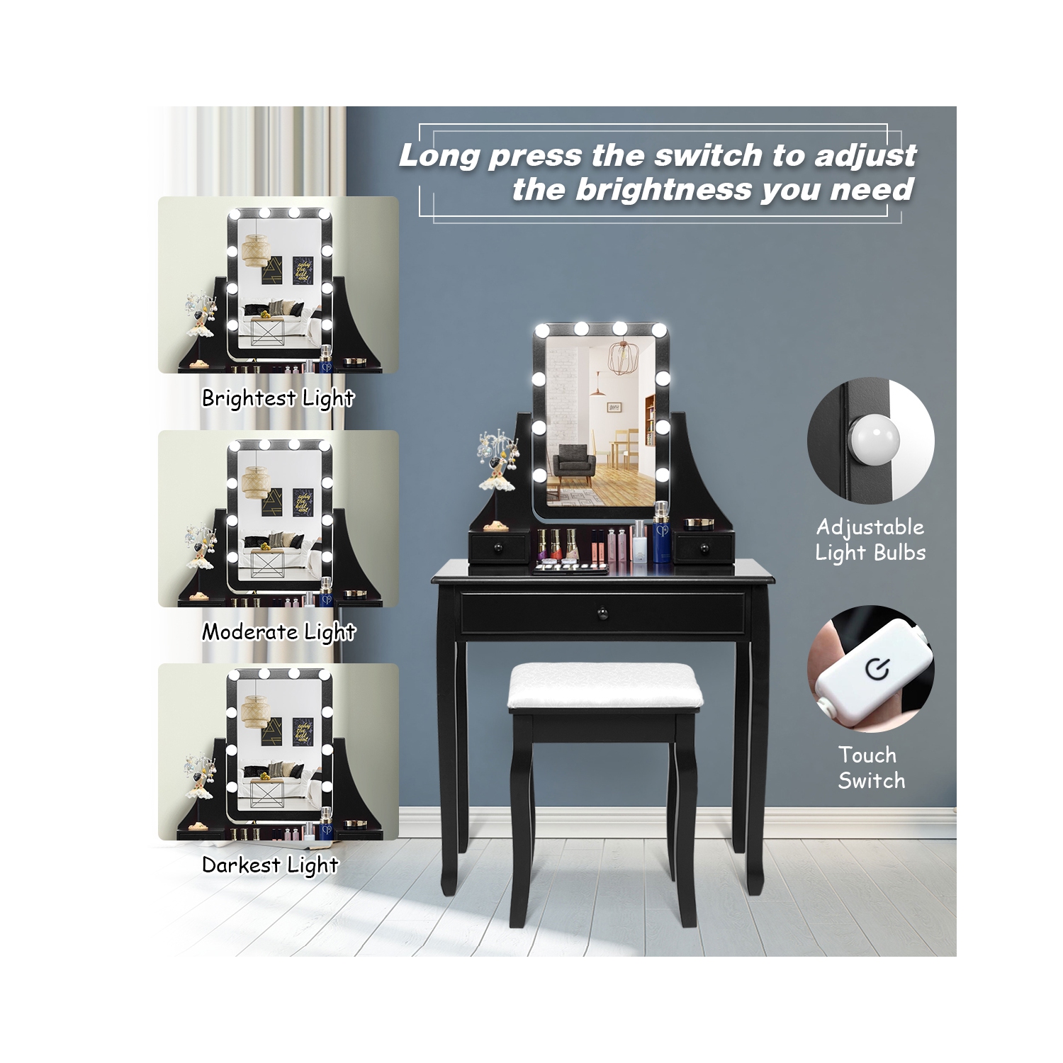 Costway 3 Drawers Vanity Table 10 Dimmable Bulbs Touch Switch Makeup Dressing Desk