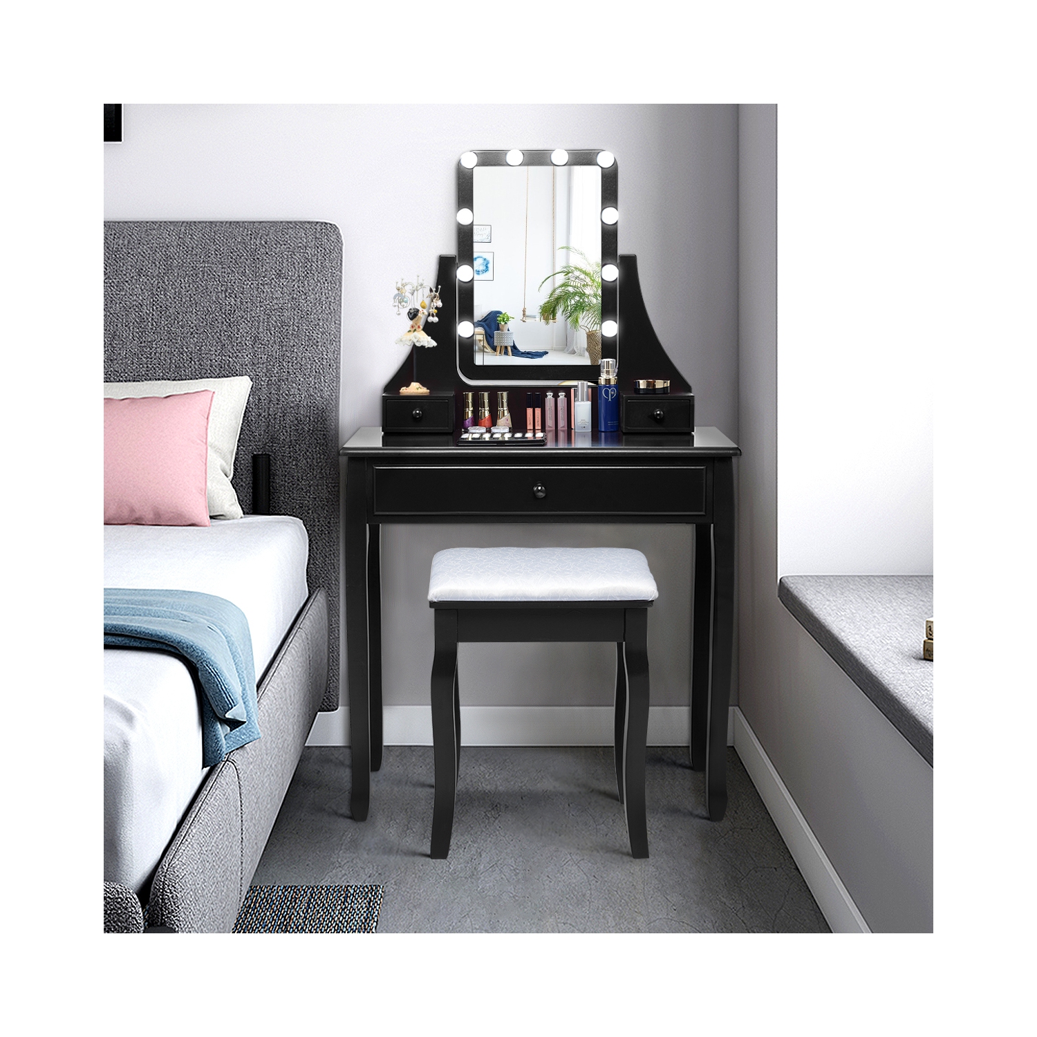 Costway 3 Drawers Vanity Table 10 Dimmable Bulbs Touch Switch Makeup Dressing Desk