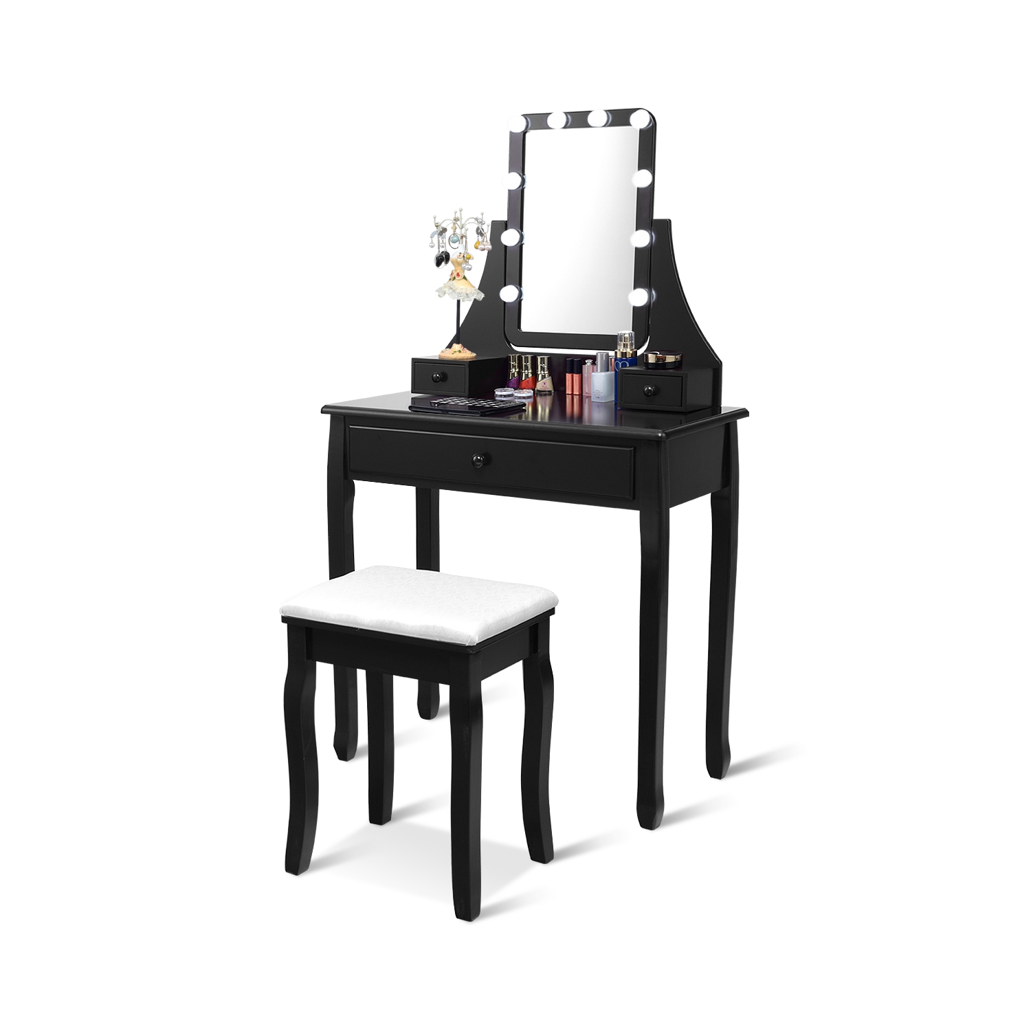 Costway 3 Drawers Vanity Table 10 Dimmable Bulbs Touch Switch Makeup Dressing Desk