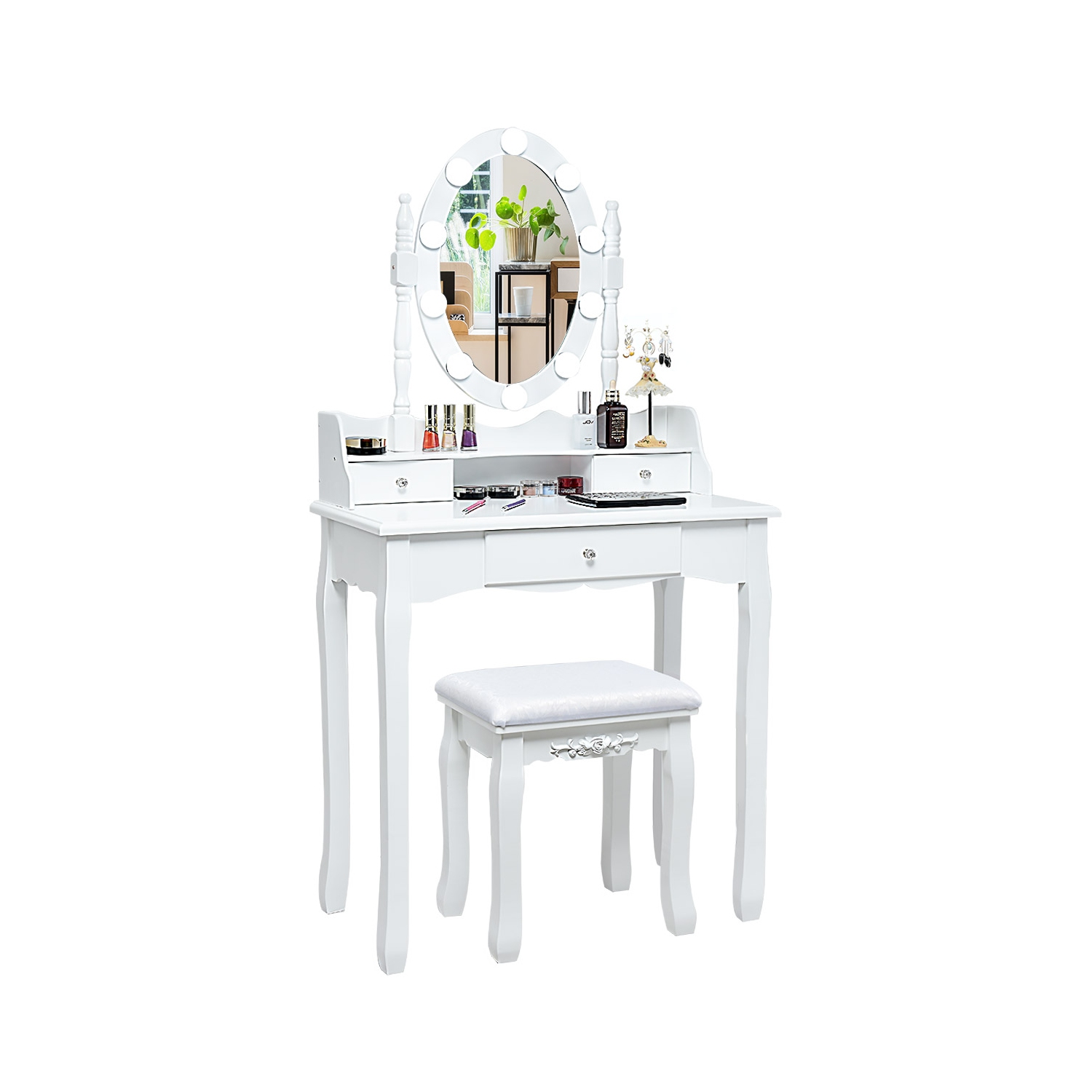 Costway Makeup Vanity Dressing Table Set w/10 Dimmable Bulbs and Touch Switch