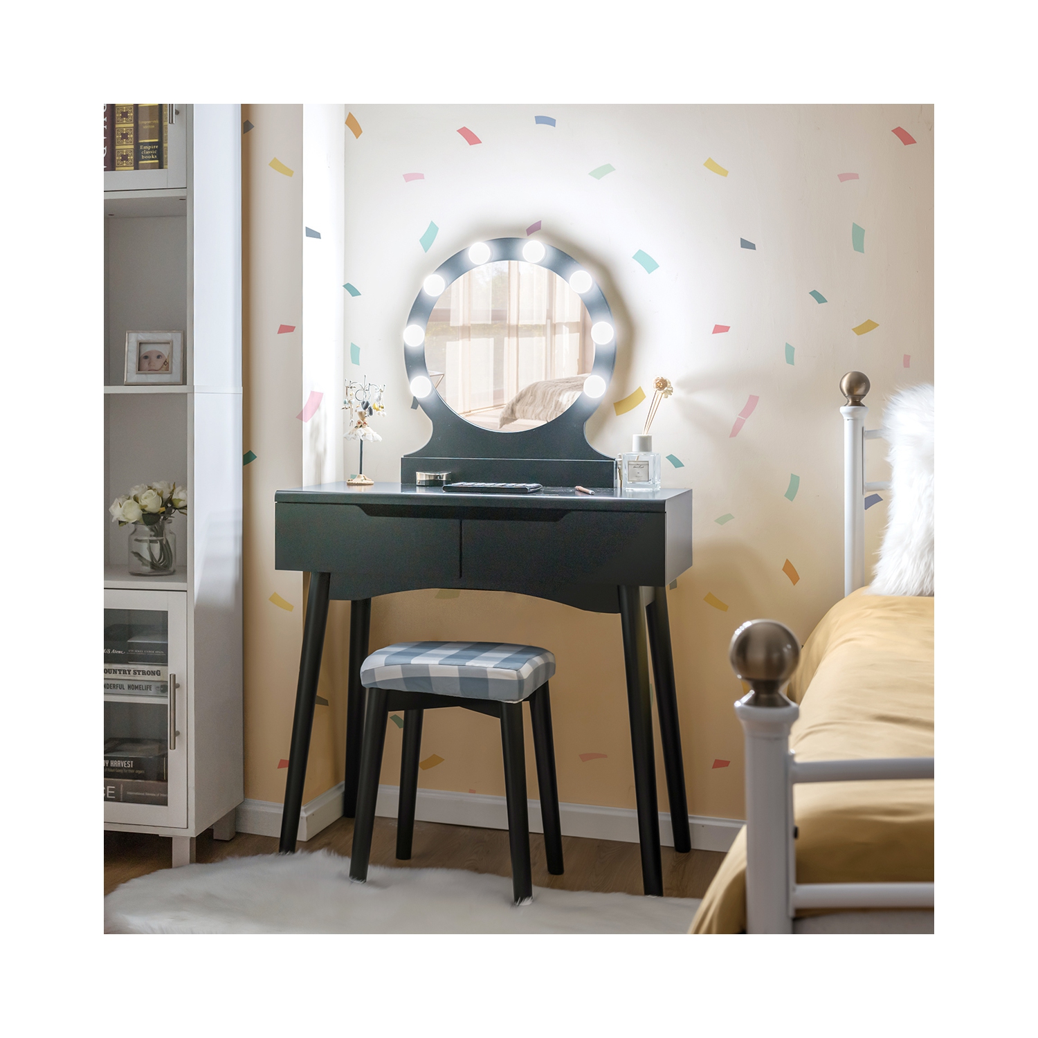 Costway Vanity Makeup Dressing Set w/8 Dimmable Bulbs Lighted Mirror Touch Switch