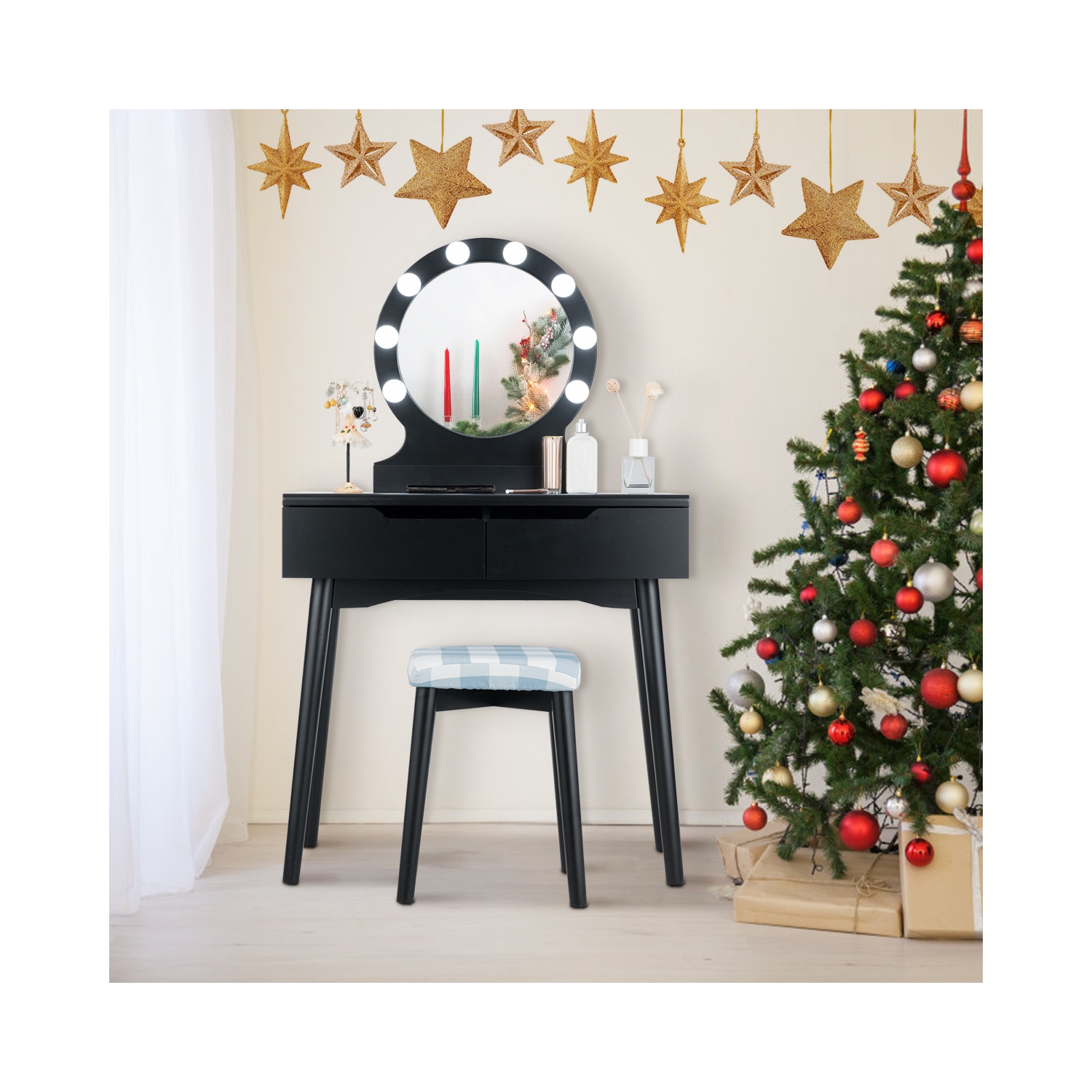 Costway Vanity Makeup Dressing Set w/8 Dimmable Bulbs Lighted Mirror Touch Switch