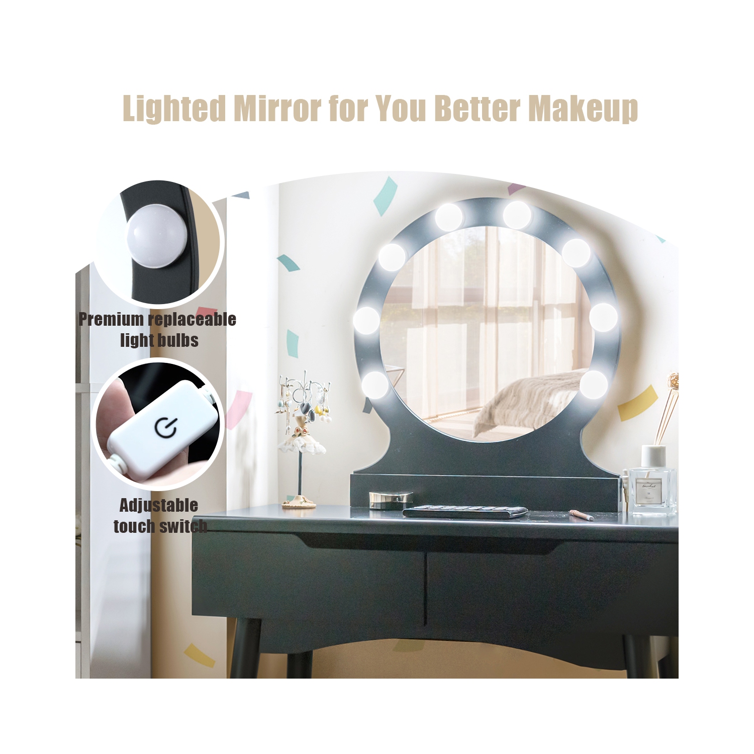 Costway Vanity Makeup Dressing Set w/8 Dimmable Bulbs Lighted Mirror Touch Switch