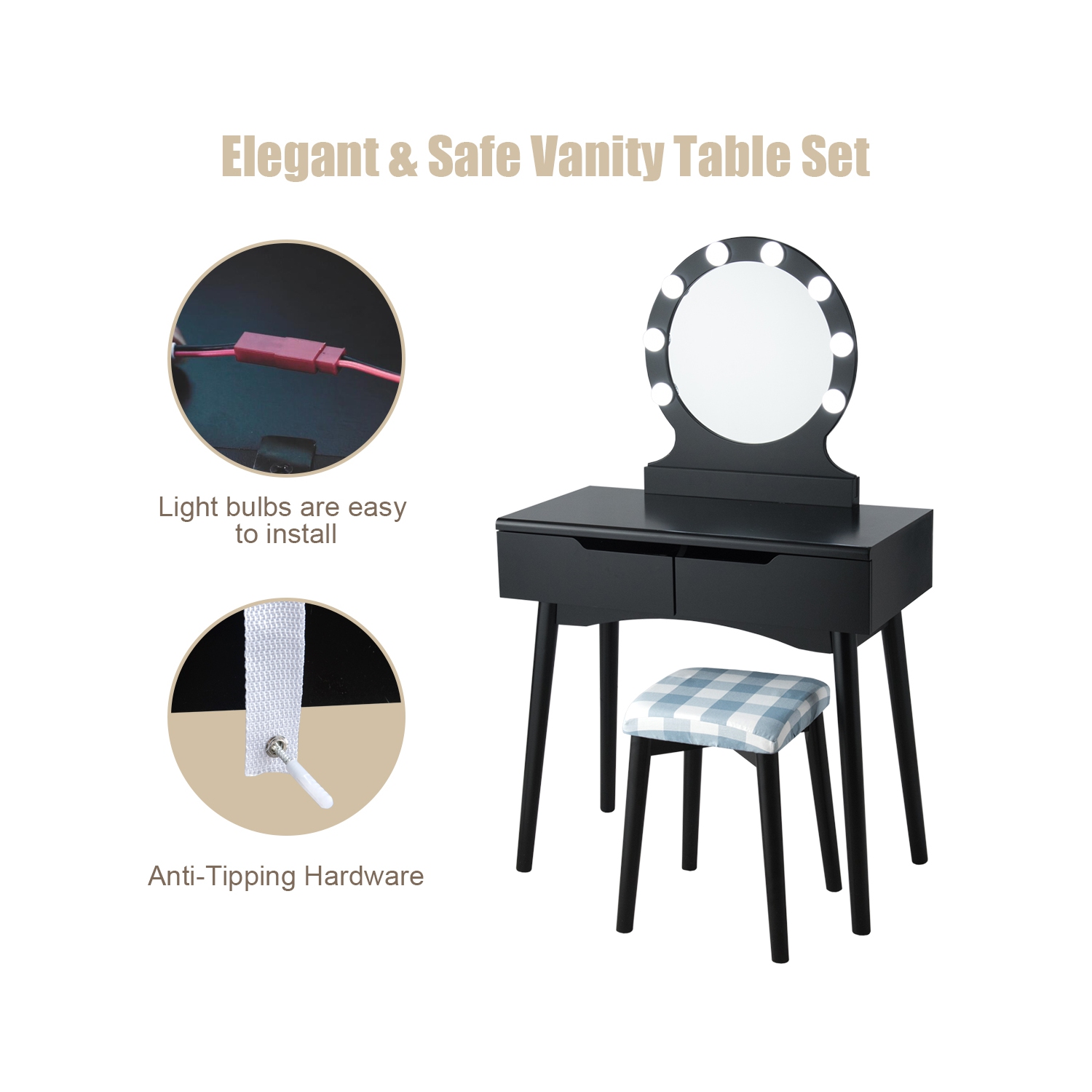 Costway Vanity Makeup Dressing Set w/8 Dimmable Bulbs Lighted Mirror Touch Switch