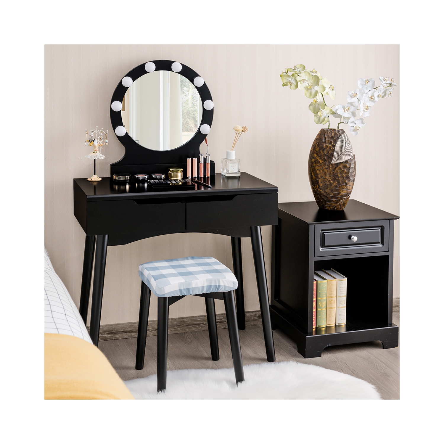 Costway Vanity Makeup Dressing Set w/8 Dimmable Bulbs Lighted Mirror Touch Switch