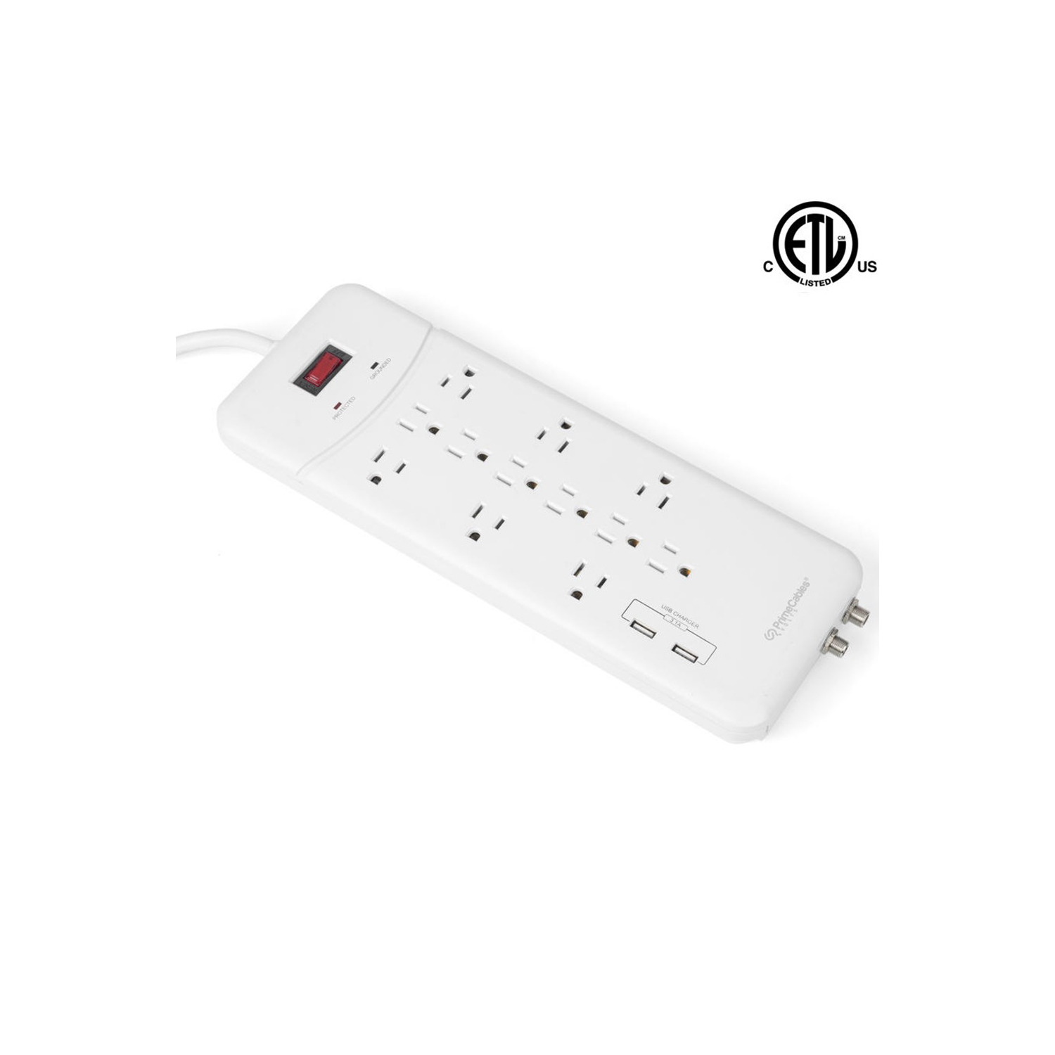 12 Outlets Surge Protector 6FT/2M with 2 Ports USB Charger up to 3.1A Coaxial Breaker - PrimeCables®