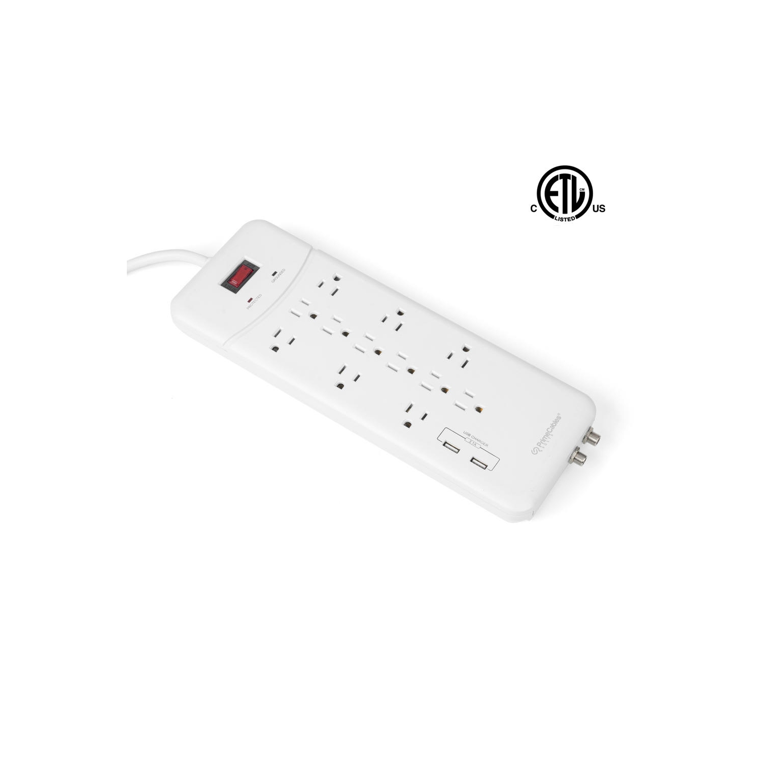 12 Outlets Surge Protector 6FT/2M with 2 Ports USB Charger up to 3.1A Coaxial Breaker - PrimeCables®