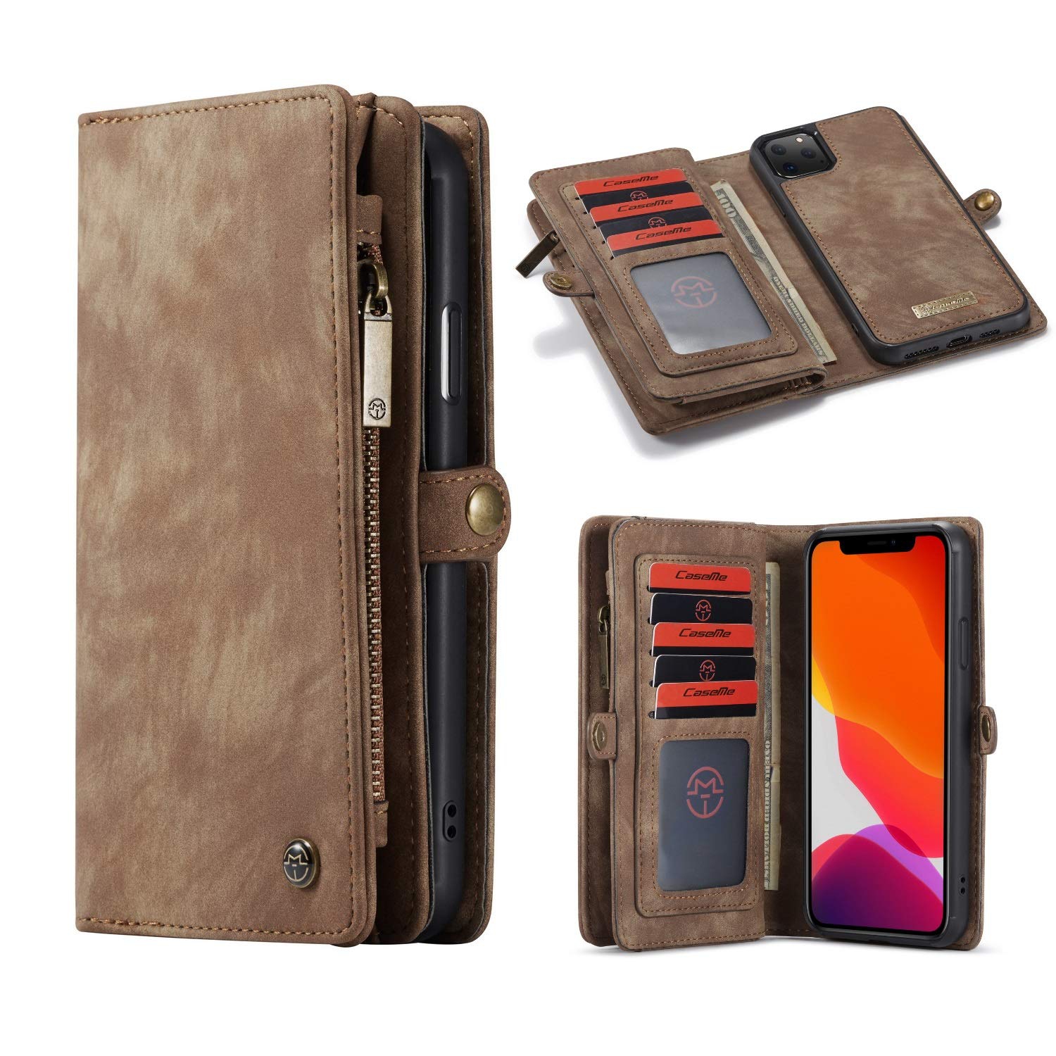 iPhone 11 Pro Max Wallet Case Leather Shockproof TPU Bumper Detachable Magnetic Flip Case with Card Slots Stand Holder Cover