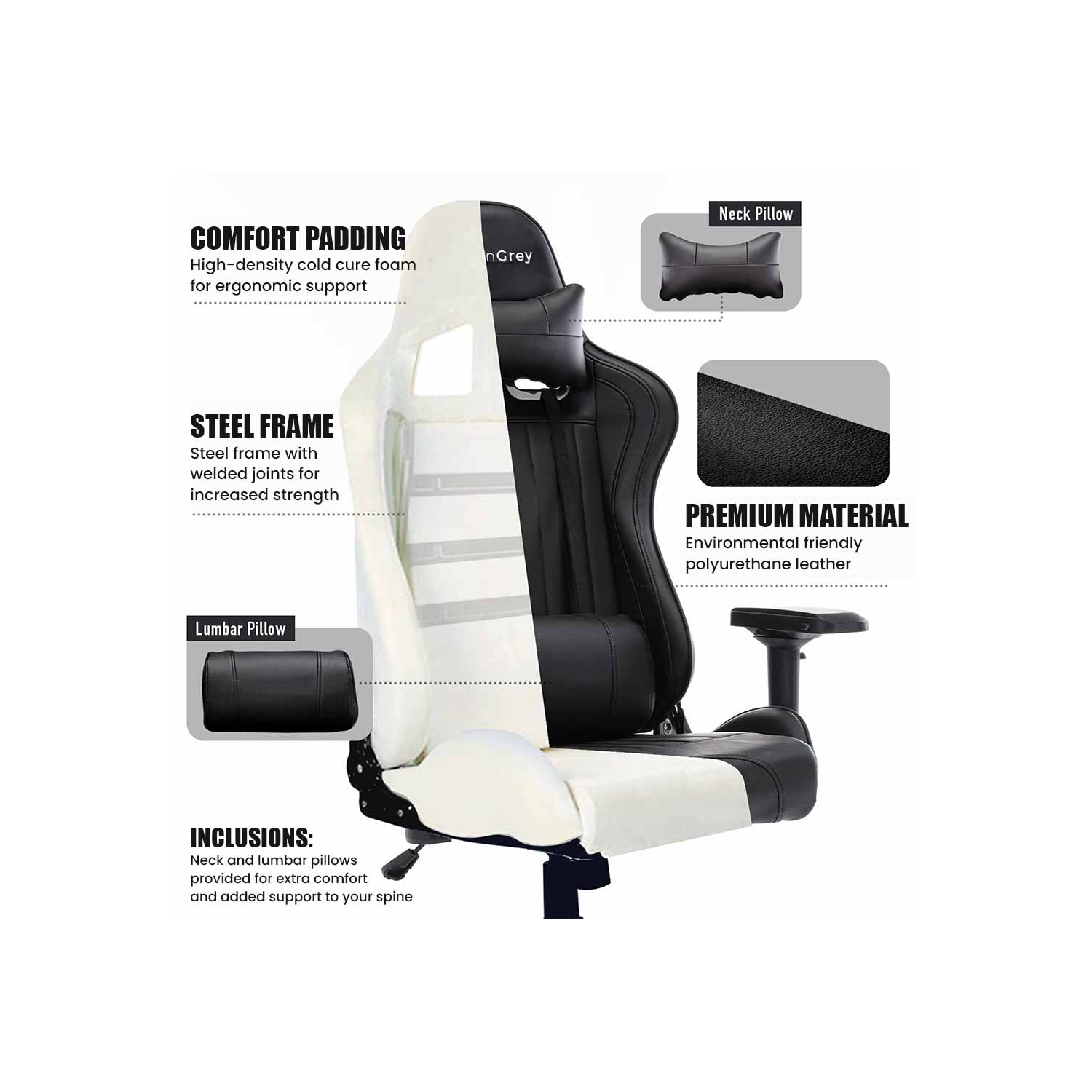MotionGrey Enforcer PRO - High-Back Office Gaming Chair with PU Leather, Adjustable Height, and Comfort Cushions - Black S1 - With Class 4 Piston