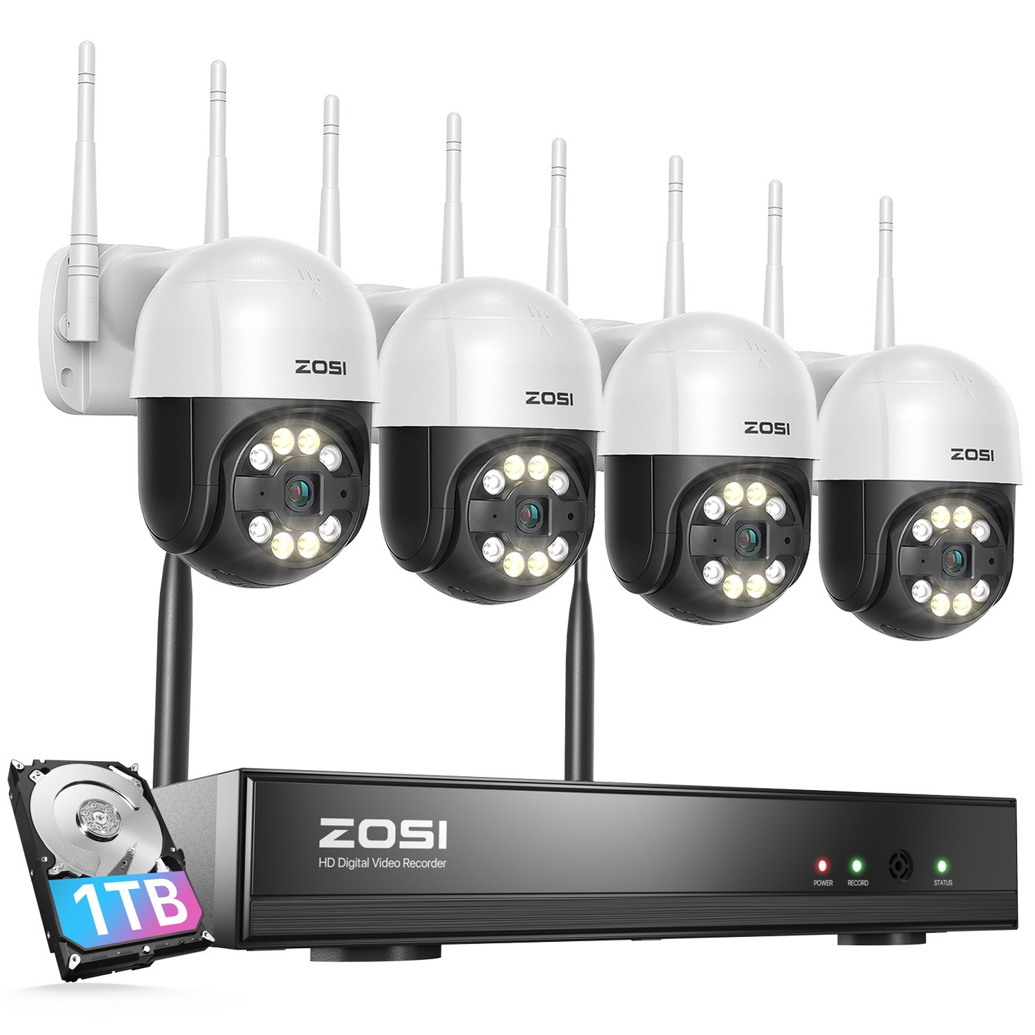 ZOSI 2K 3MP 8CH NVR Home Security Camera System with 1TB HDD, 4pcs 355° Pan/Tilt Wireless WiFi Outdoor Surveillance Cameras, 2-Way Audio, Human Detection, Color Night Vision