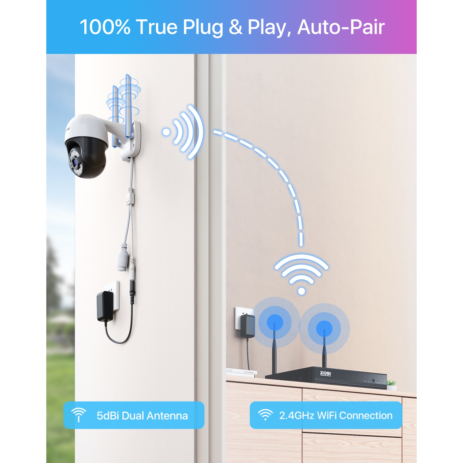 Système de surveillance avec fil 3&nbsp;Mpx 2K 8 canaux NVR de ZOSI avec disque dur 1&nbsp;To, 4 caméras de surveillance Wi-Fi PTZ 360° intérieur,