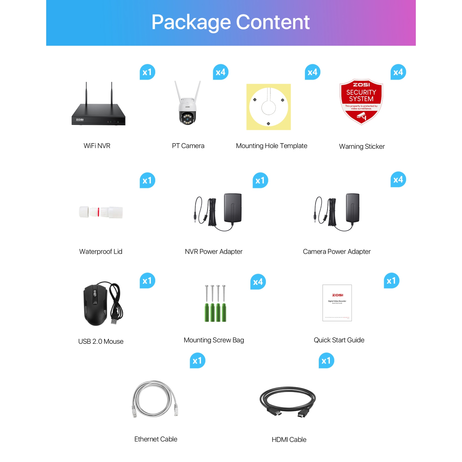 Système de surveillance avec fil 3&nbsp;Mpx 2K 8 canaux NVR de ZOSI avec disque dur 1&nbsp;To, 4 caméras de surveillance Wi-Fi PTZ 360° intérieur,