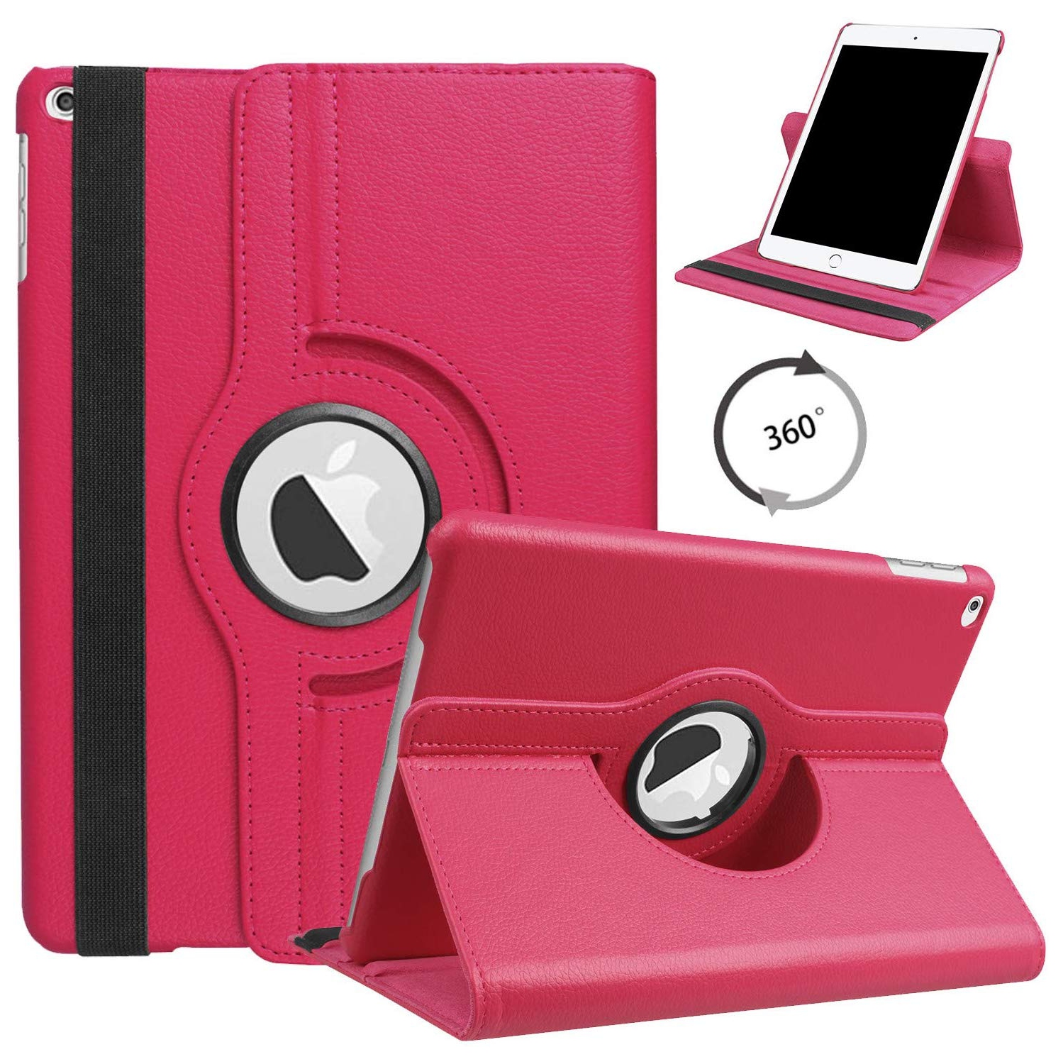 【CSmart】 360 Rotating PU Leather Stand Case Smart Cover for iPad 10.2" 7th 8th 9th Gen. 2019/2020/2021, Hot Pink
