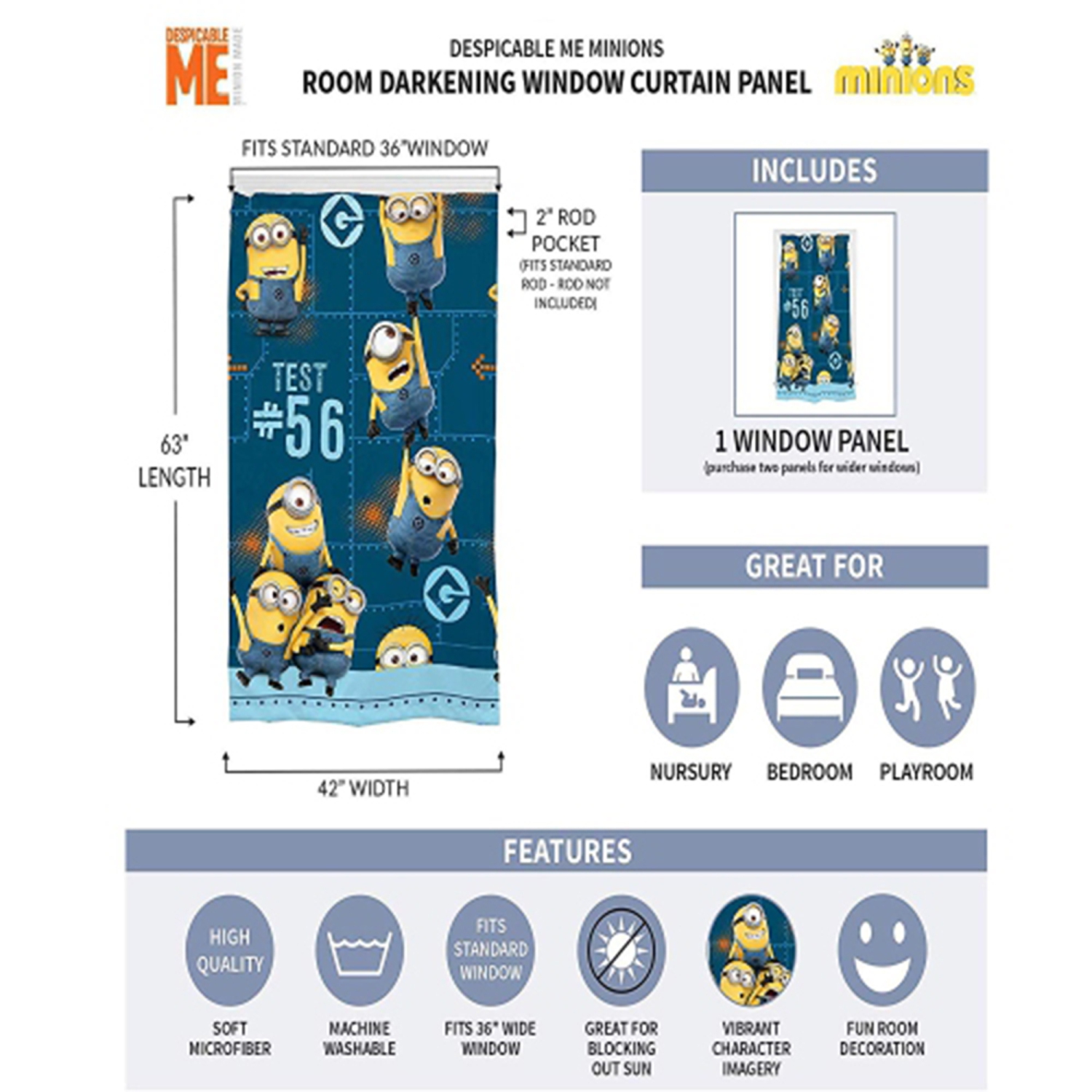 Minions Despicable Me Mishap 26 Kids Room Darkening Window Curtain Panel 42 X 63 Inch [Blue] - Two Panels Per Package