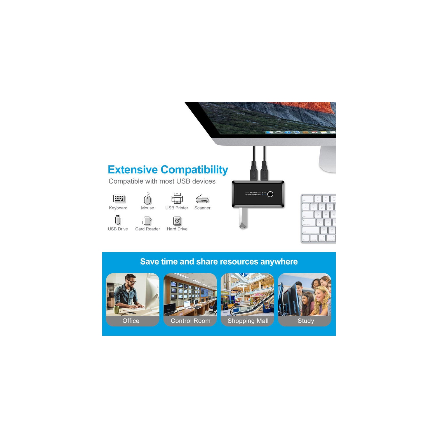 AxGear – Commutateur de partage/sélecteur USB 2.0 2 partage d’ordinateur 4 appareils USB KVM