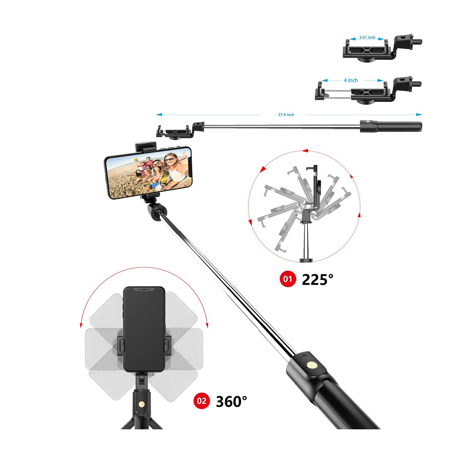 Trépied pour perche à égoportrait d’axGear avec télécommande extensible sans fil Bluetooth pour téléphone