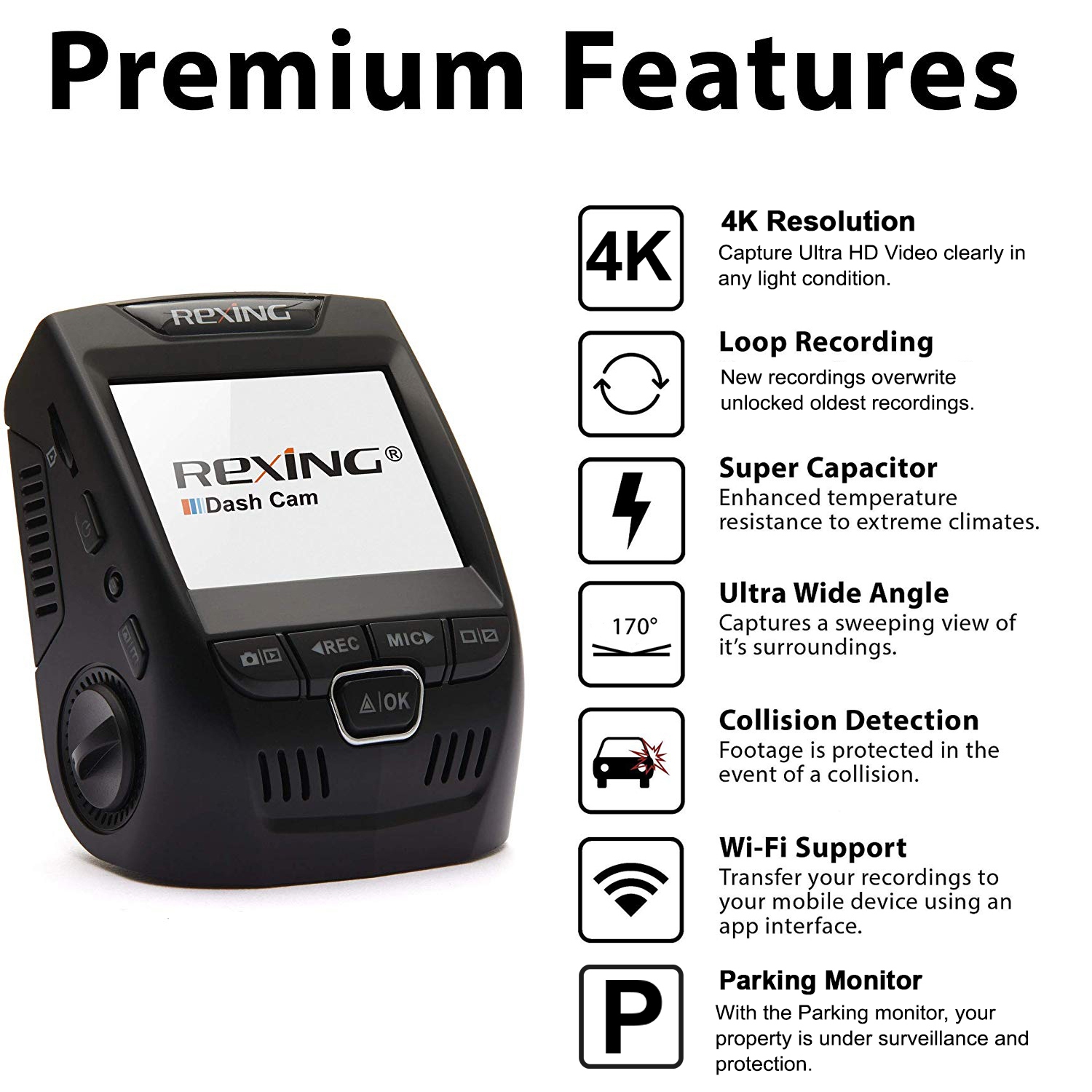 Caméra de tableau de bord Wi-Fi UHD 2.4 po V1-4K de Rexing