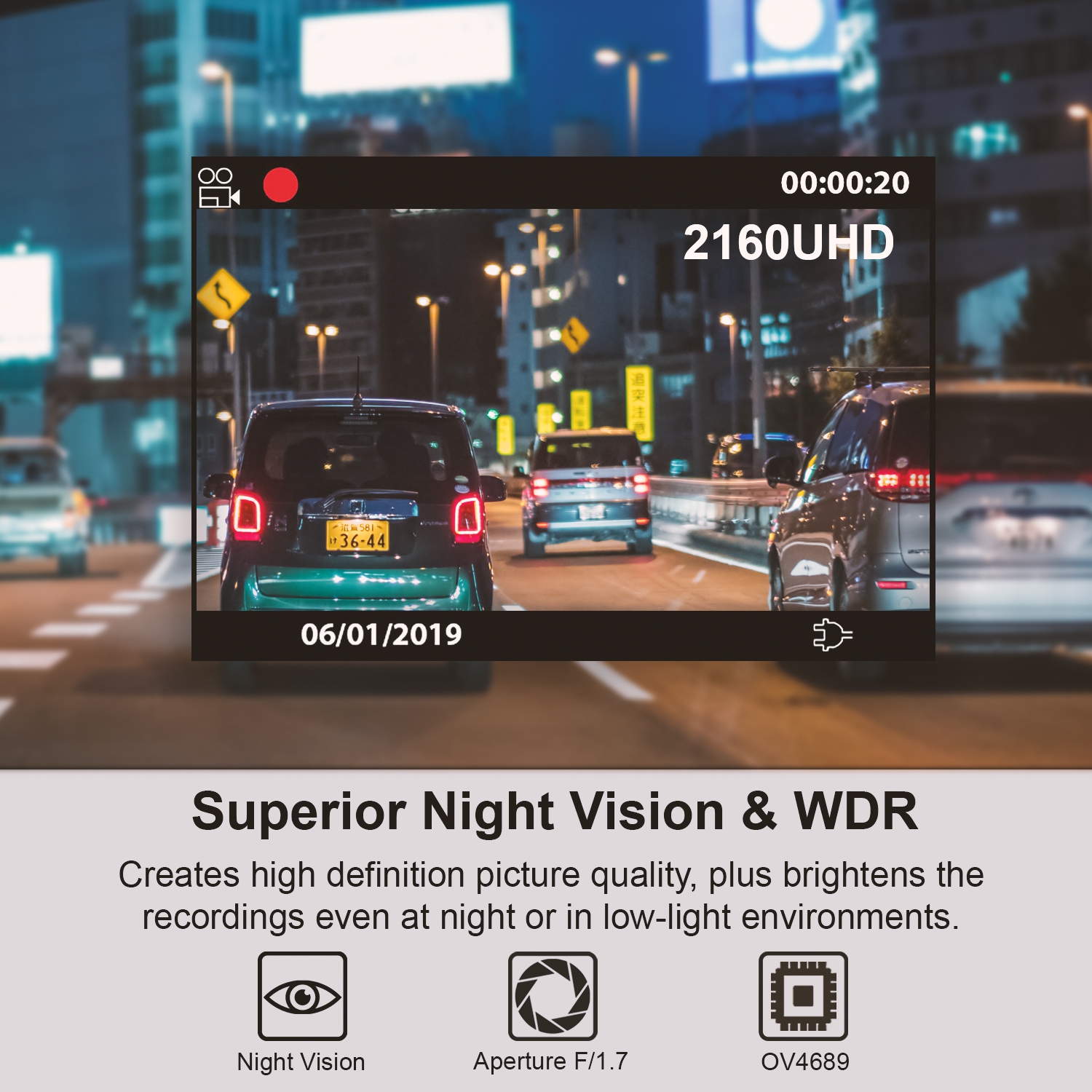 Caméra de tableau de bord Wi-Fi UHD 2.4 po V1-4K de Rexing