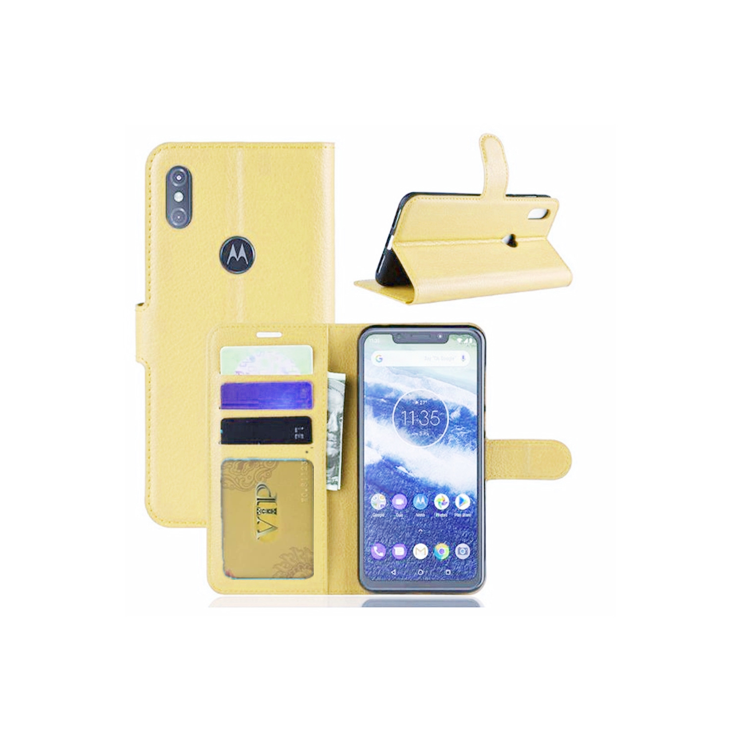 [CS] Motorola Moto One Vision Case, Magnetic Leather Folio Wallet Flip Case Cover with Card Slot, Gold