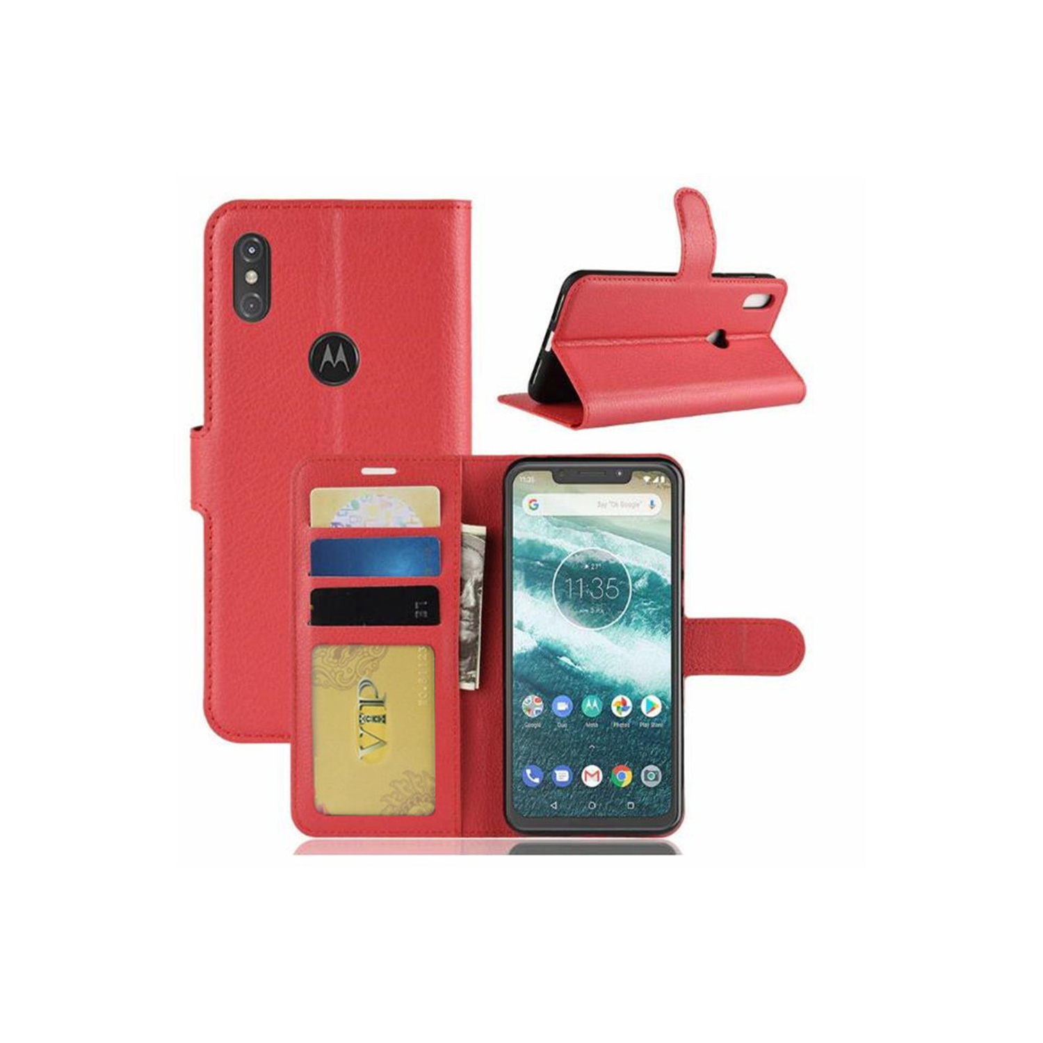 [CS] Motorola Moto One Vision Case, Magnetic Leather Folio Wallet Flip Case Cover with Card Slot, Red