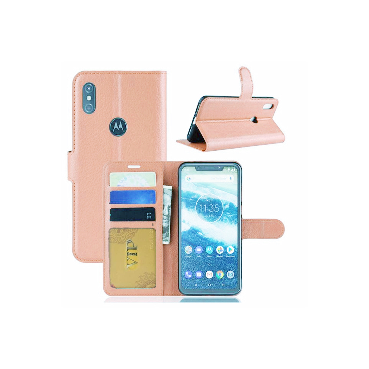 [CS] Motorola Moto One Vision Case, Magnetic Leather Folio Wallet Flip Case Cover with Card Slot, Rose Gold