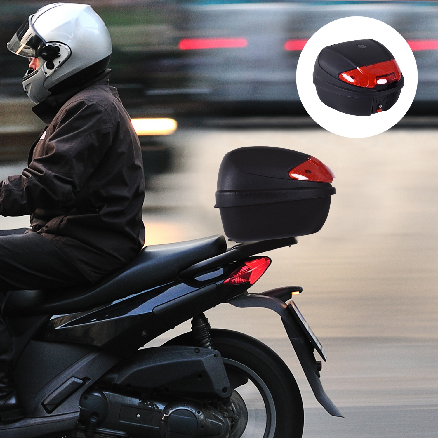 HOMCOM 30L Motorcycle Tail box Top Case Motorbike Trunk Helmet Carrier Luggage Helmet Storage Mount Rack w/ Lock