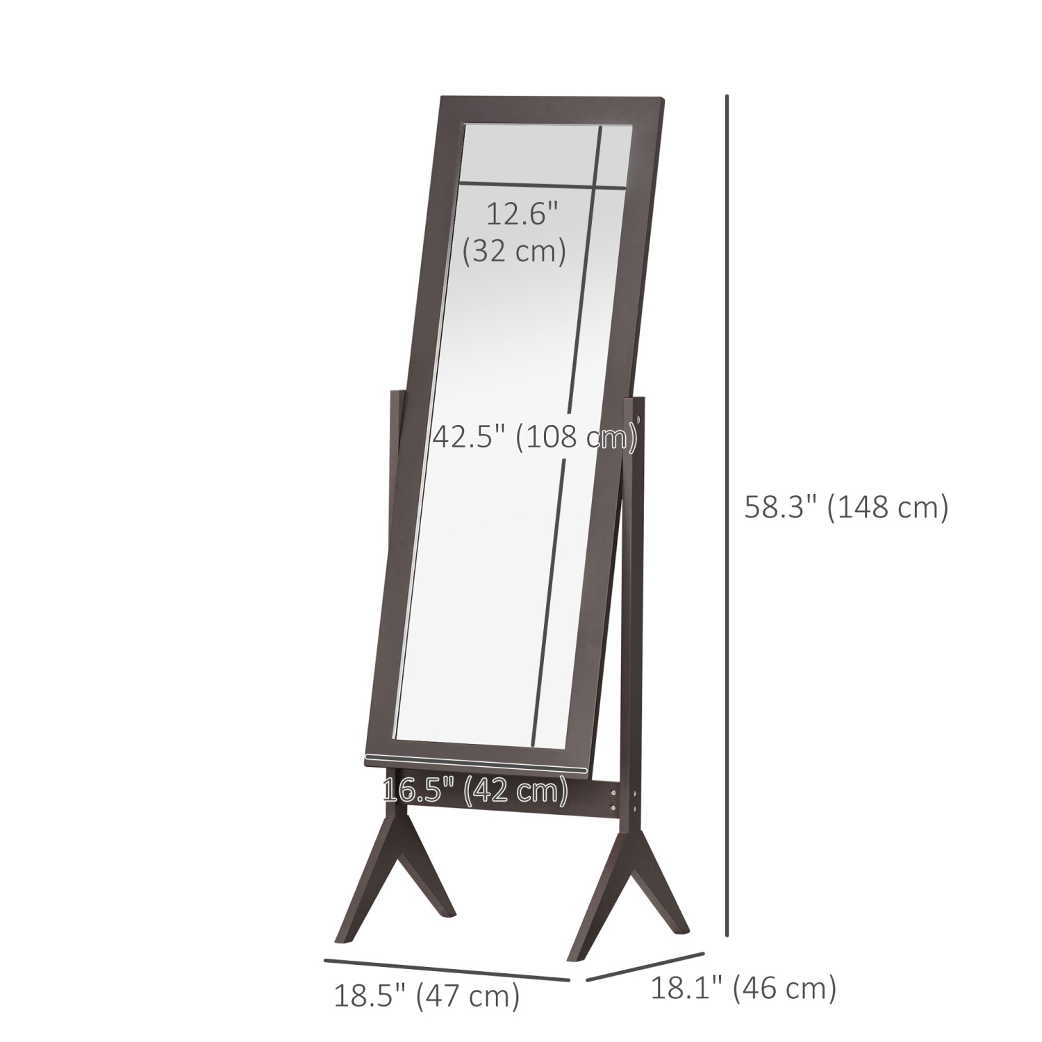 HOMCOM Full Length Mirror, Free Standing Full Body Mirror with Rectangular Frame, Adjustable Angle for Dressing Room, Bedroom, Living Room, Dark Brown