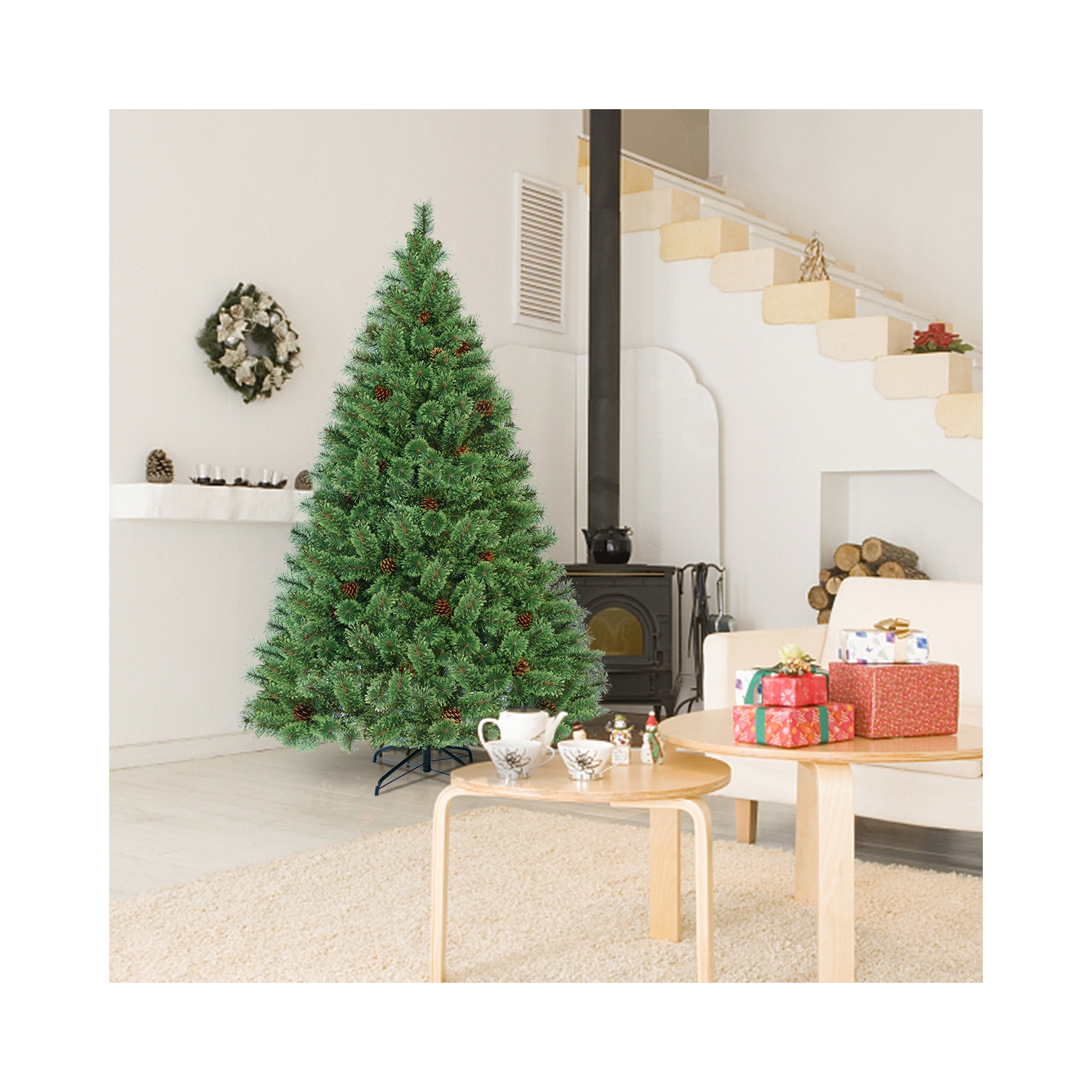 Gymax 6FT Pre-lit Flowering Artificial Green Hinged Christmas Tree PVC Pine Tree