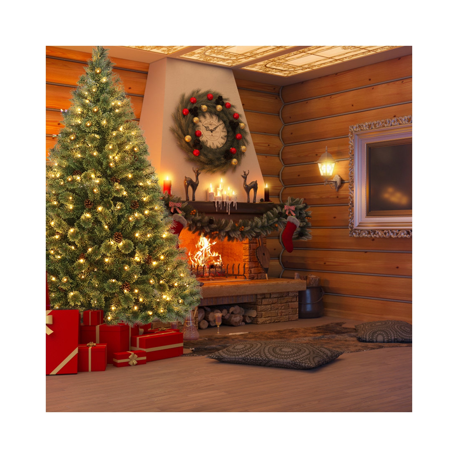 Gymax 6FT Pre-lit Flowering Artificial Green Hinged Christmas Tree PVC Pine Tree