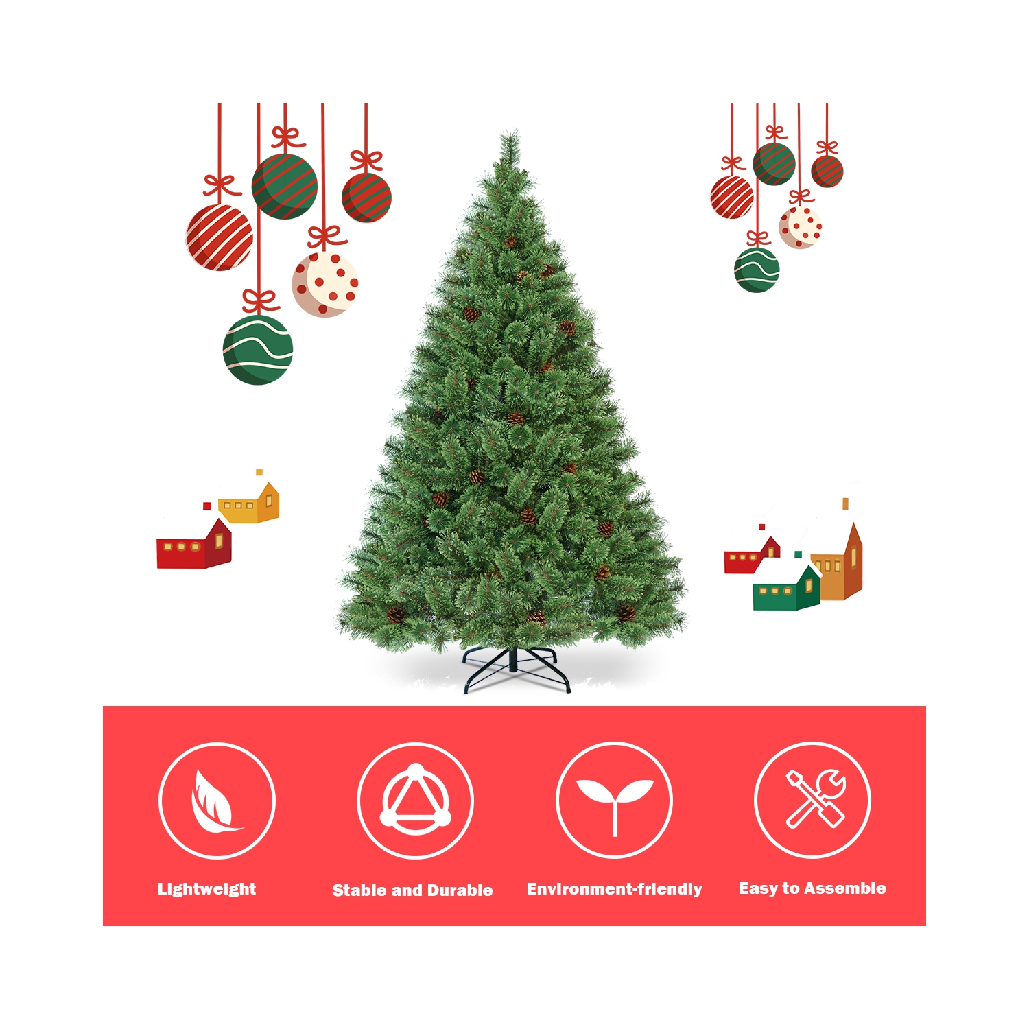 Gymax 6FT Pre-lit Flowering Artificial Green Hinged Christmas Tree PVC Pine Tree