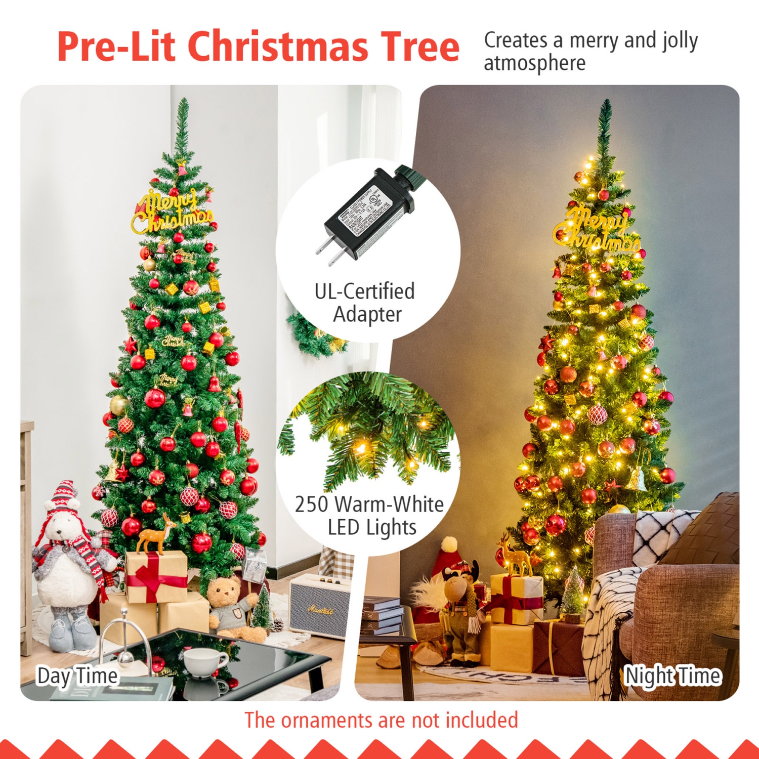 Gymax 4.5ft/6.5ft/7.5ft Pre-Lit Pencil Christmas Tree Traditional Indoor