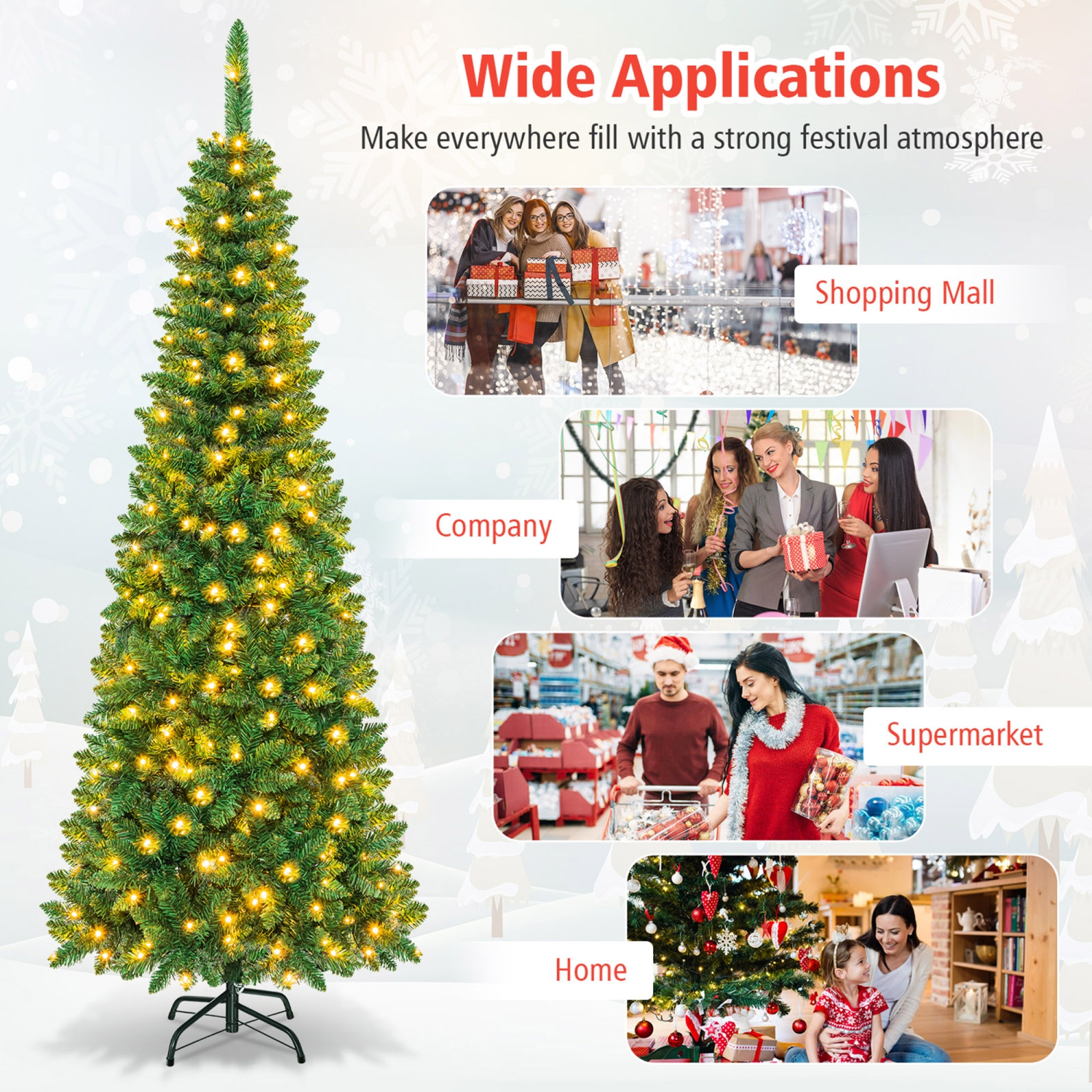 Gymax 4.5ft/6.5ft/7.5ft Pre-Lit Pencil Christmas Tree Traditional Indoor